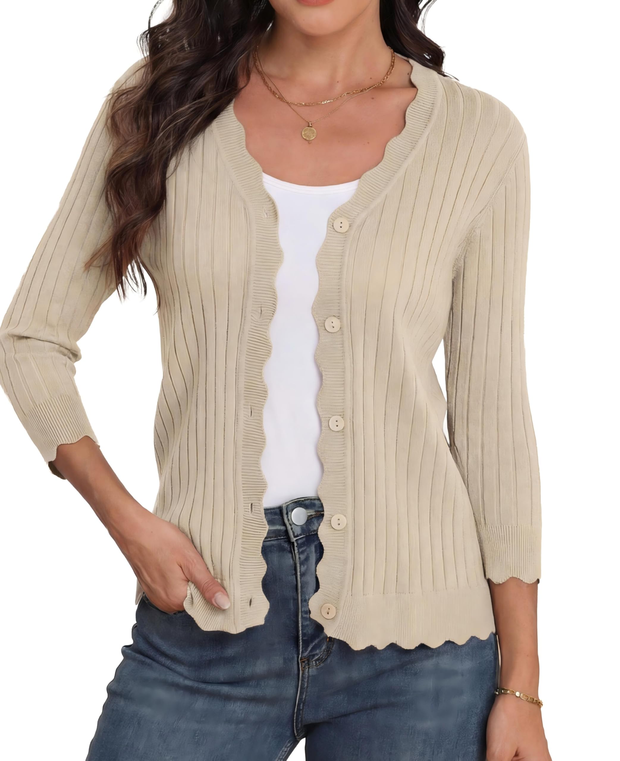 GRECERELLE Cárdigan para mujer con manga 3/4, elegante cárdigan con dobladillo ondulado, cuello en V, chaqueta ligera de punto acanalado para verano y entretiempo
