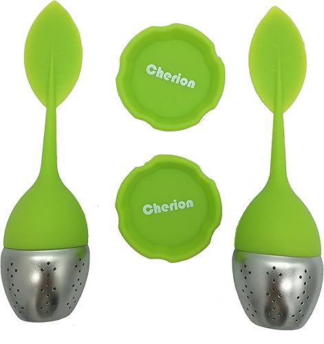 Miniatura 2 de Cherion Juego de 2 bolas infusoras de té  Infusor de té suelto con bandeja de goteo  Lindo mango de hoja de silicona como tapa con bola de acero