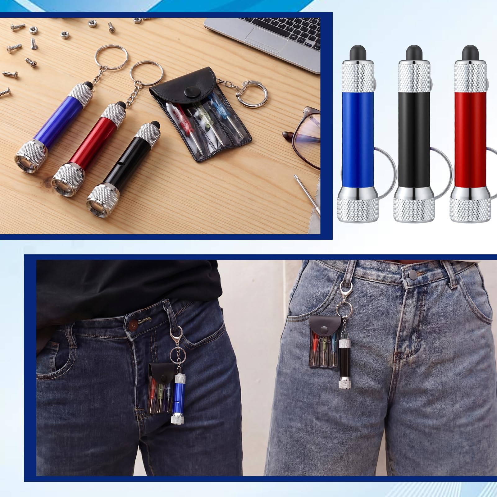 Jutom Set di 96 mini torce a LED, portachiavi, mini cacciavite, set per adulti, regalo per papà, uomini, marito, vicino, (blu, nero, rosso)