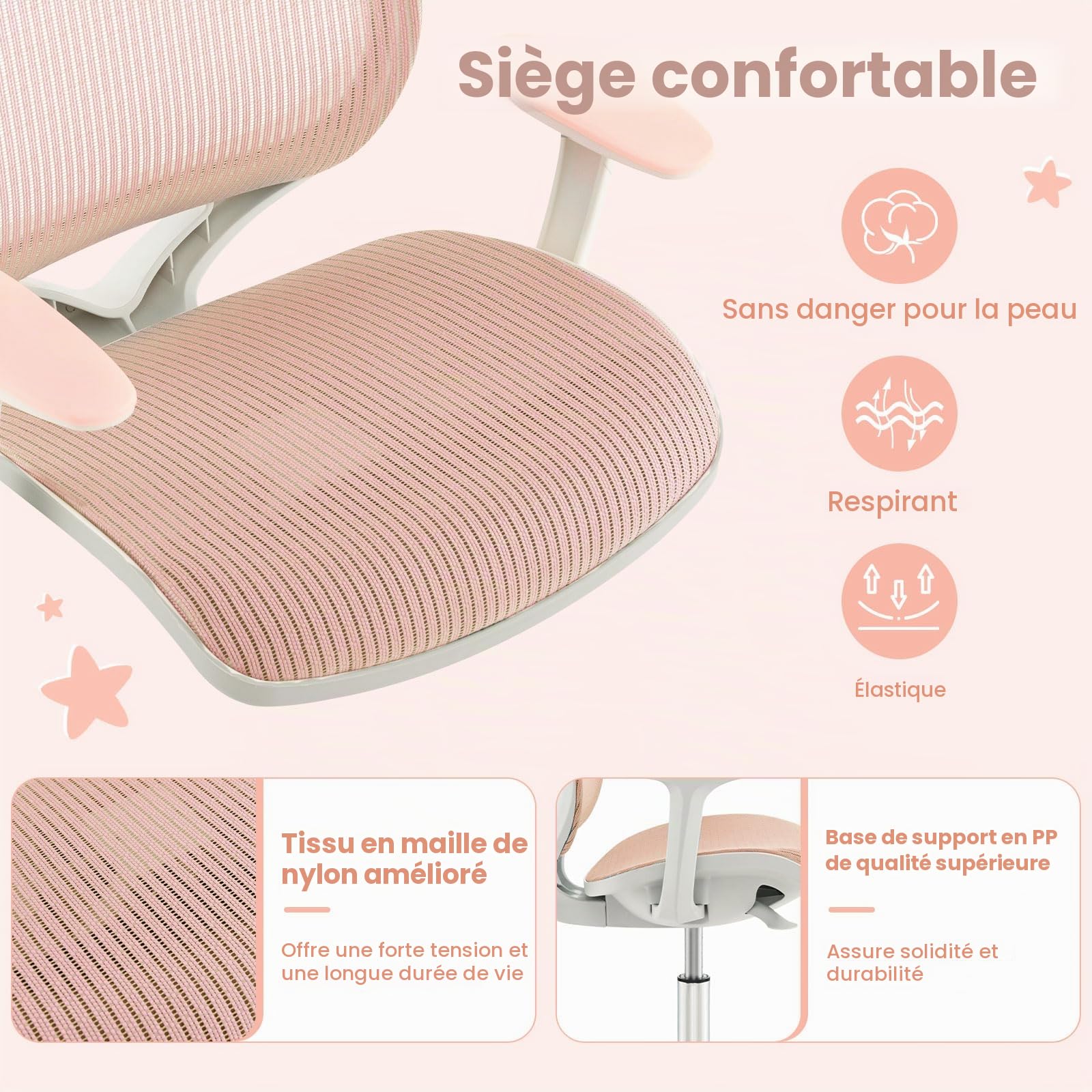 FANTASK Chaise de Bureau pivotante à 360 ° pour Enfant, Hauteur d'assise réglable en Hauteur de 43 à 55 cm, Rose