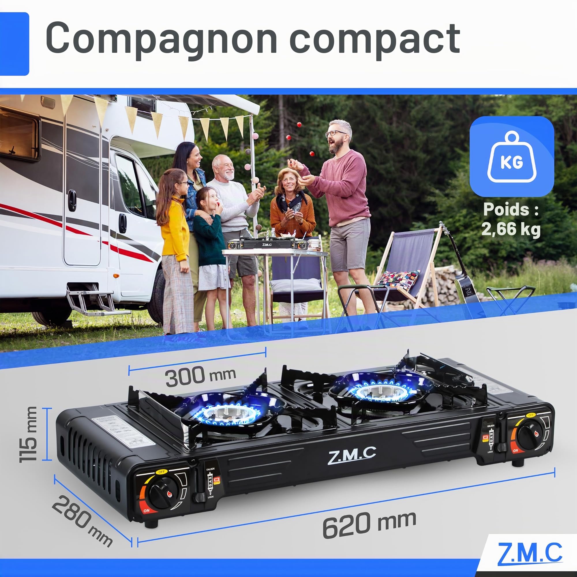 Z.M.C Réchaud à gaz de camping de qualité supérieure - 2 feux - Plaque de 45 x 24 cm - 8 cartouches de 227 g - Allumage sûr pour l'extérieur