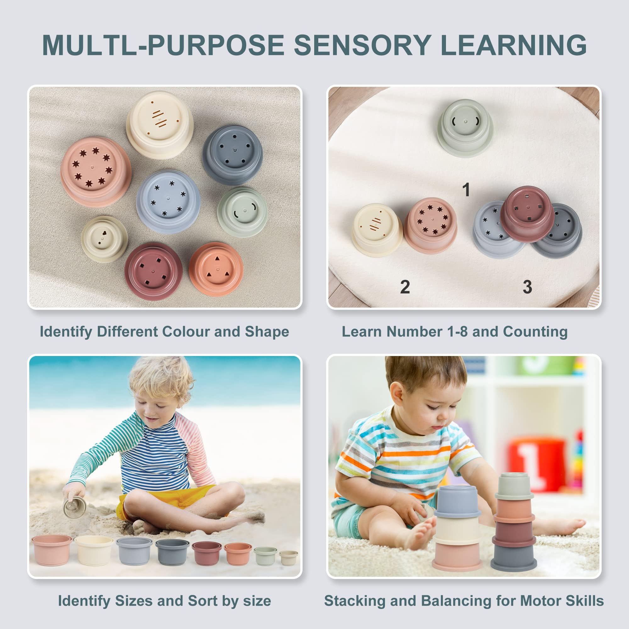 Vasos apilables para bebés, juguete de baño Montessori para niños pequeños de 1 a 3 años, 8 vasos apilables con números para bebés de 6 a 12 meses, baño educativo temprano al aire libre, regalo 2