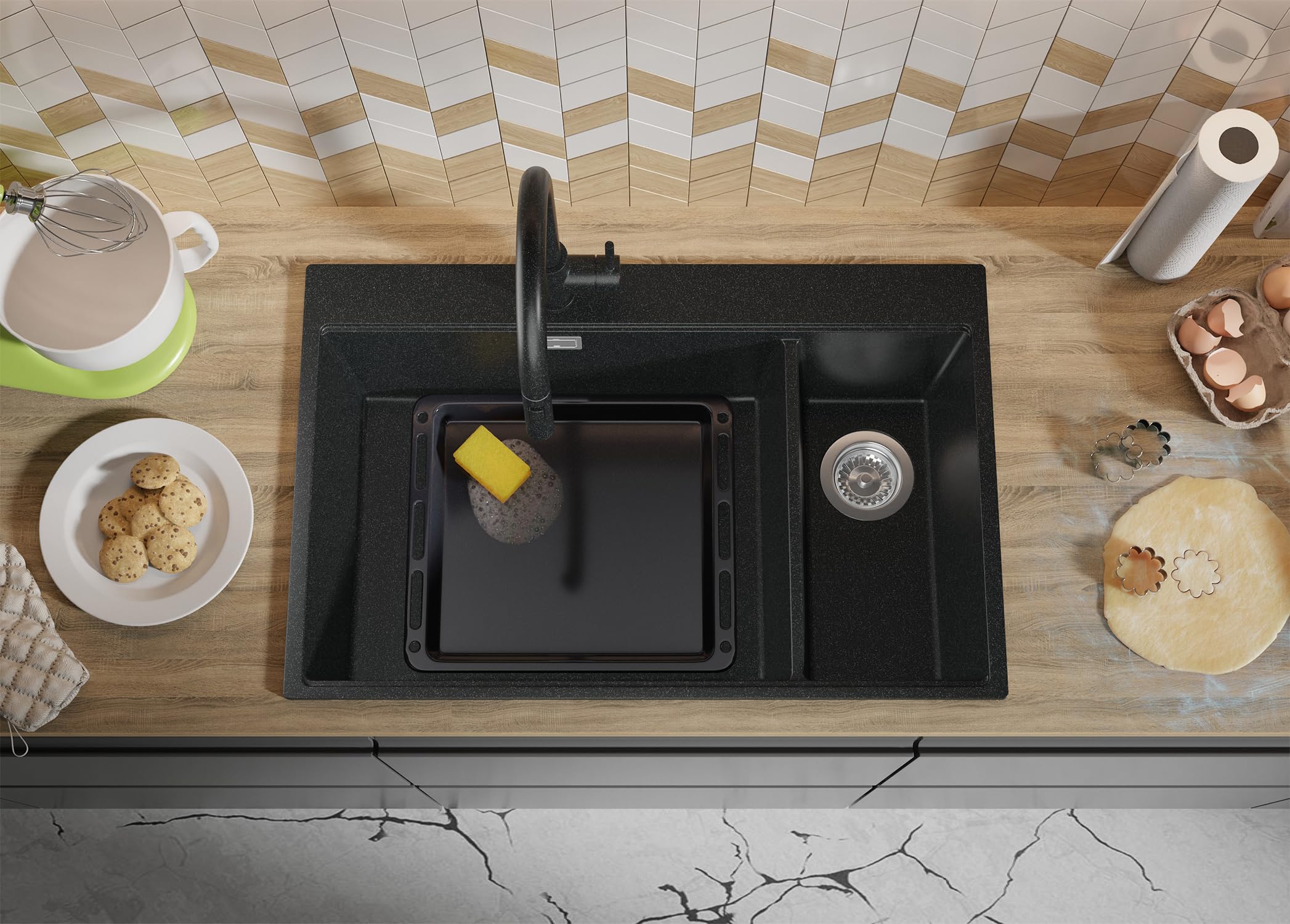 PRIMAGRAN Evier Cuisine en Granit Graphite 78x50cm, Lavabo 2 bacs + Kit de Vidage + Planche à Découper, Évier à Encastrer au Meuble 80cm - Oslo S075