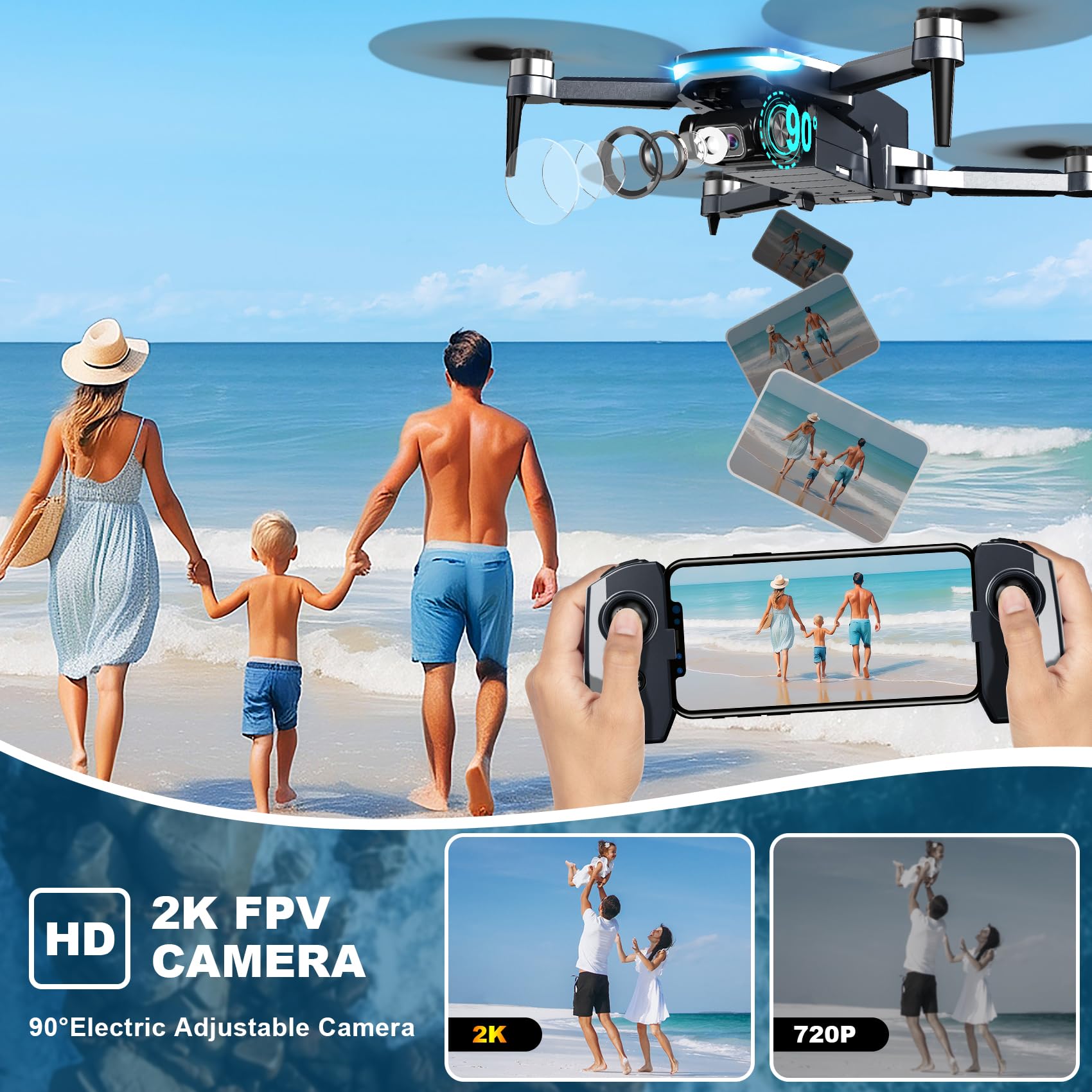 Drone with Camera, 2K HD FPV Drones with GPS Auto Return, Circle Fly, Waypoint Fly, 5G Transmission, Gestures Selfie, Brushless Motor, Lightweight Foldable Drone for Kids Adults Beginner, 2 Batteries