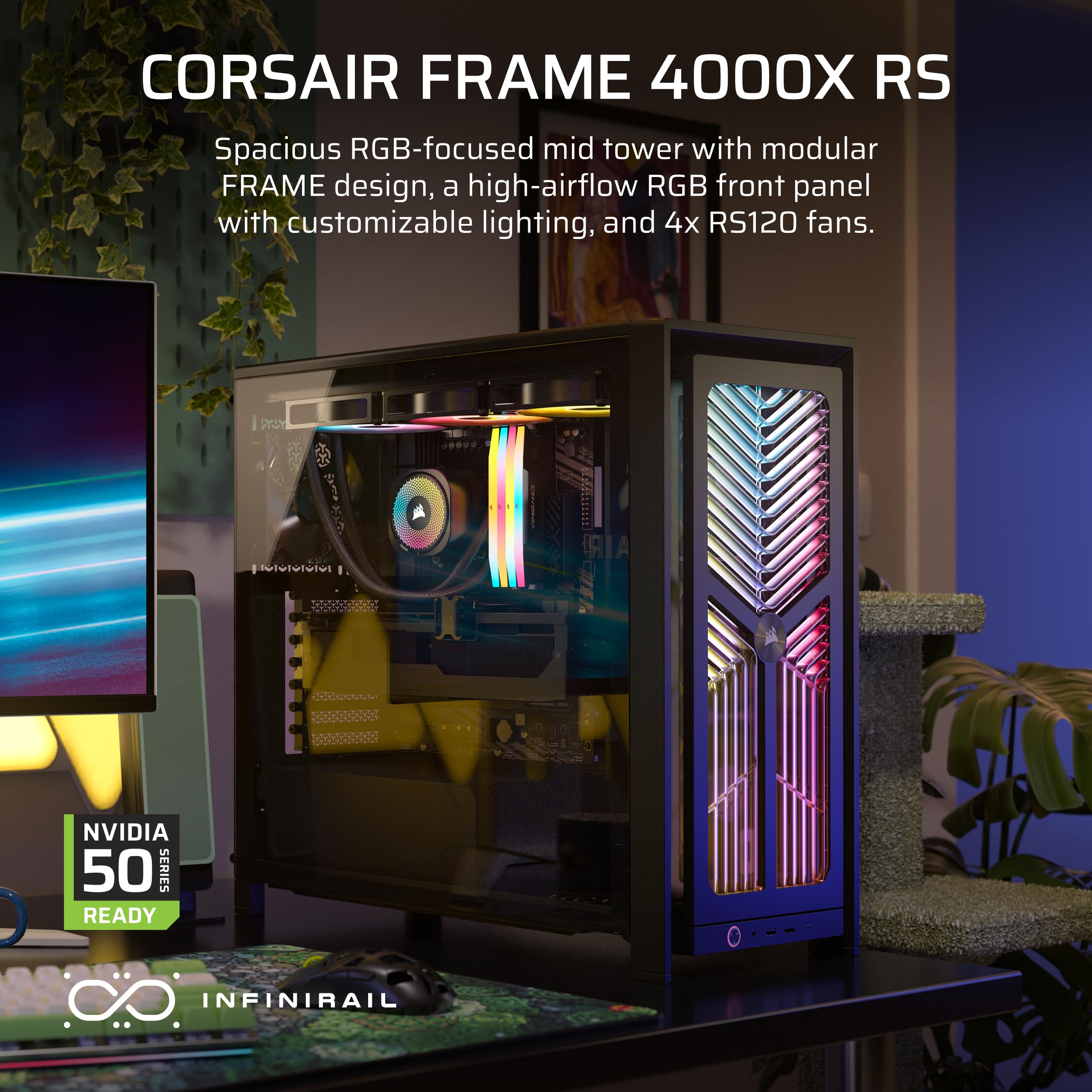 CORSAIR FRAME 4000X RS modułowa obudowa Mid-Tower ATX PC – panel przedni RGB, 4 x wentylatory RS120 PWM w zestawie, system montażu wentylatora InfiniRail, odwrócony GPU Anti-Sag i obsługa płyty
