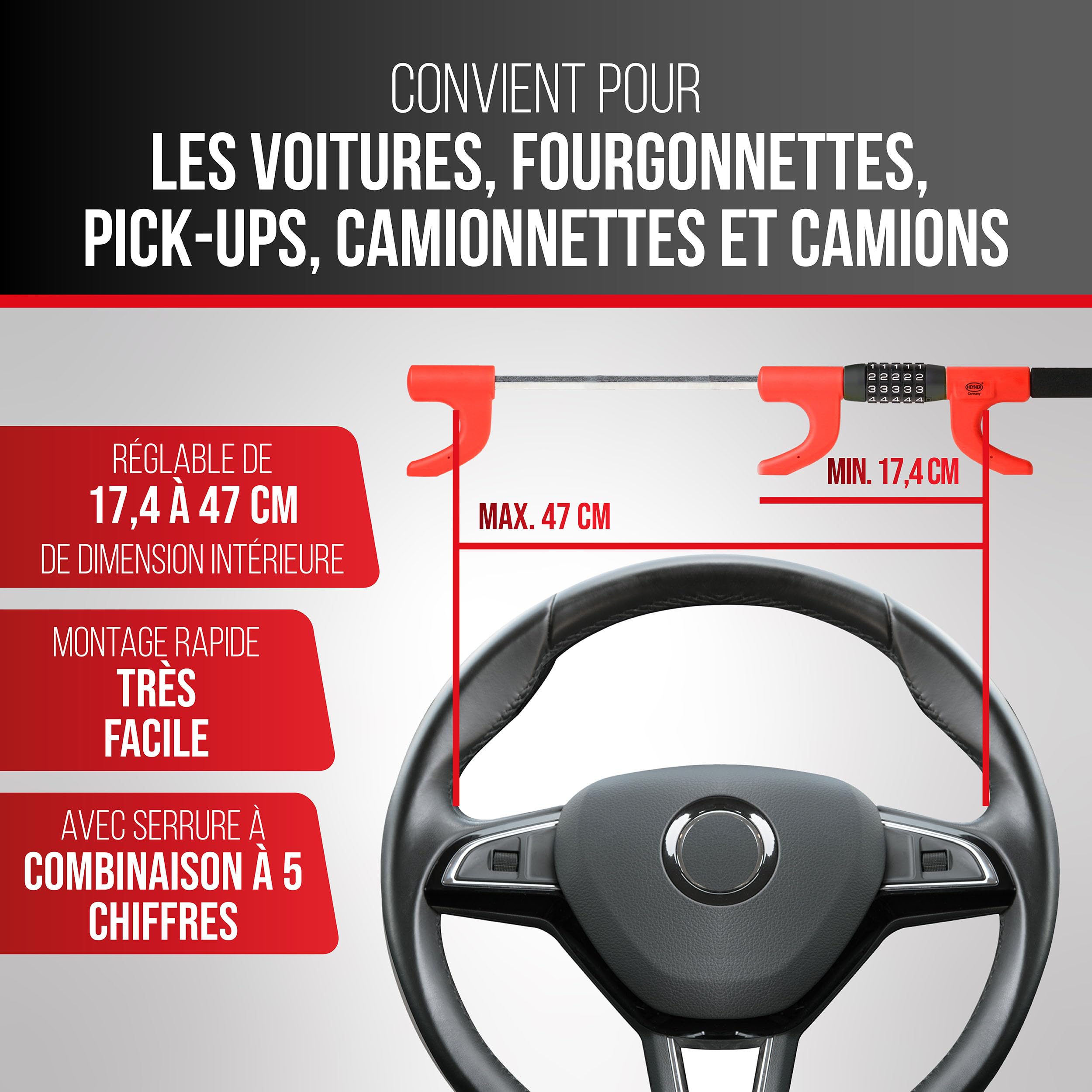HEYNER® Verrouillage du volant, dispositif antidémarrage avec serrure à combinaison, dispositif antivol
