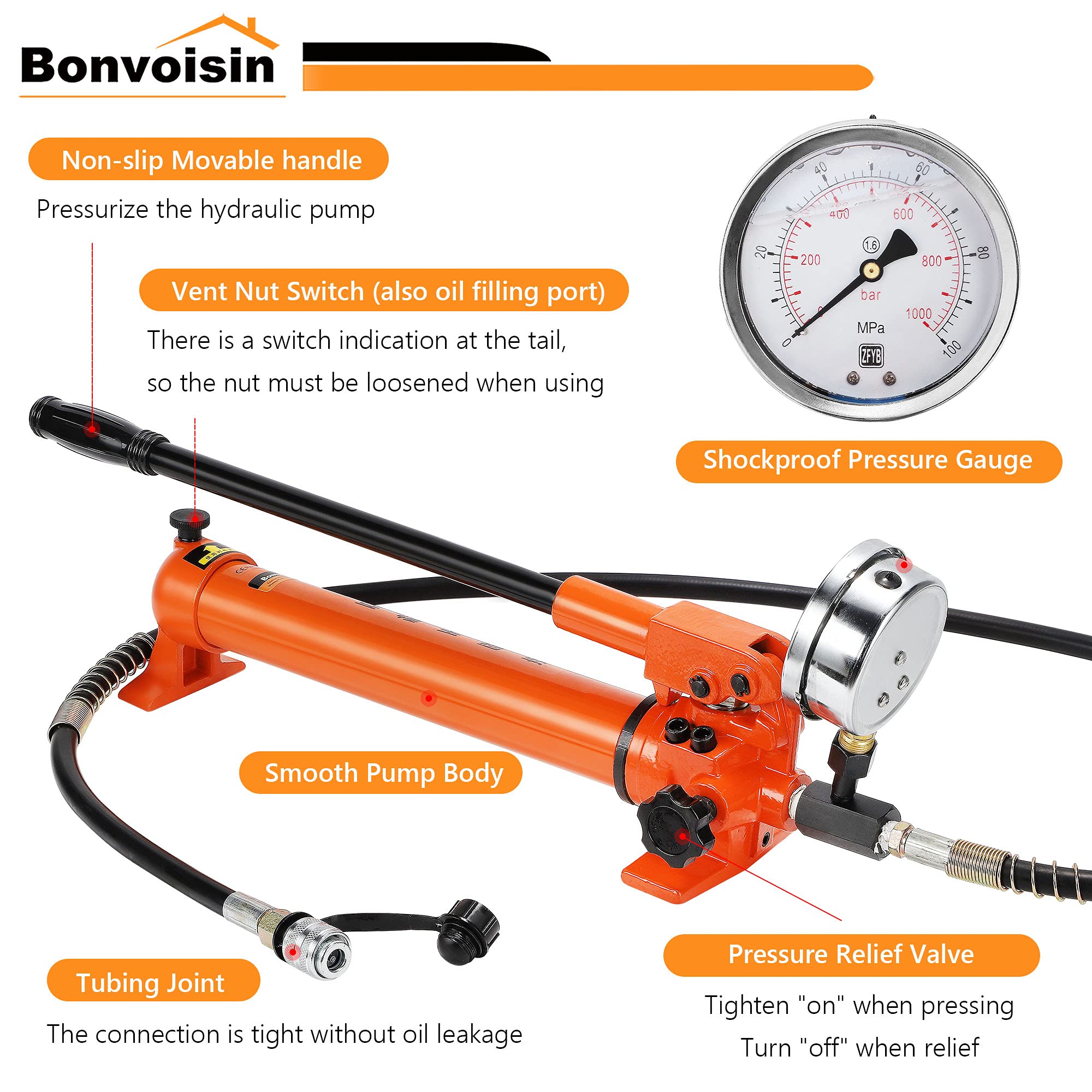Bonvoisin CP-700 Pompa Idraulica Manuale, con Manometro, Alta Pressione 700kg/cm², Contenuto di Olio 900cc, per Ponti/Edilizia/Macchinari