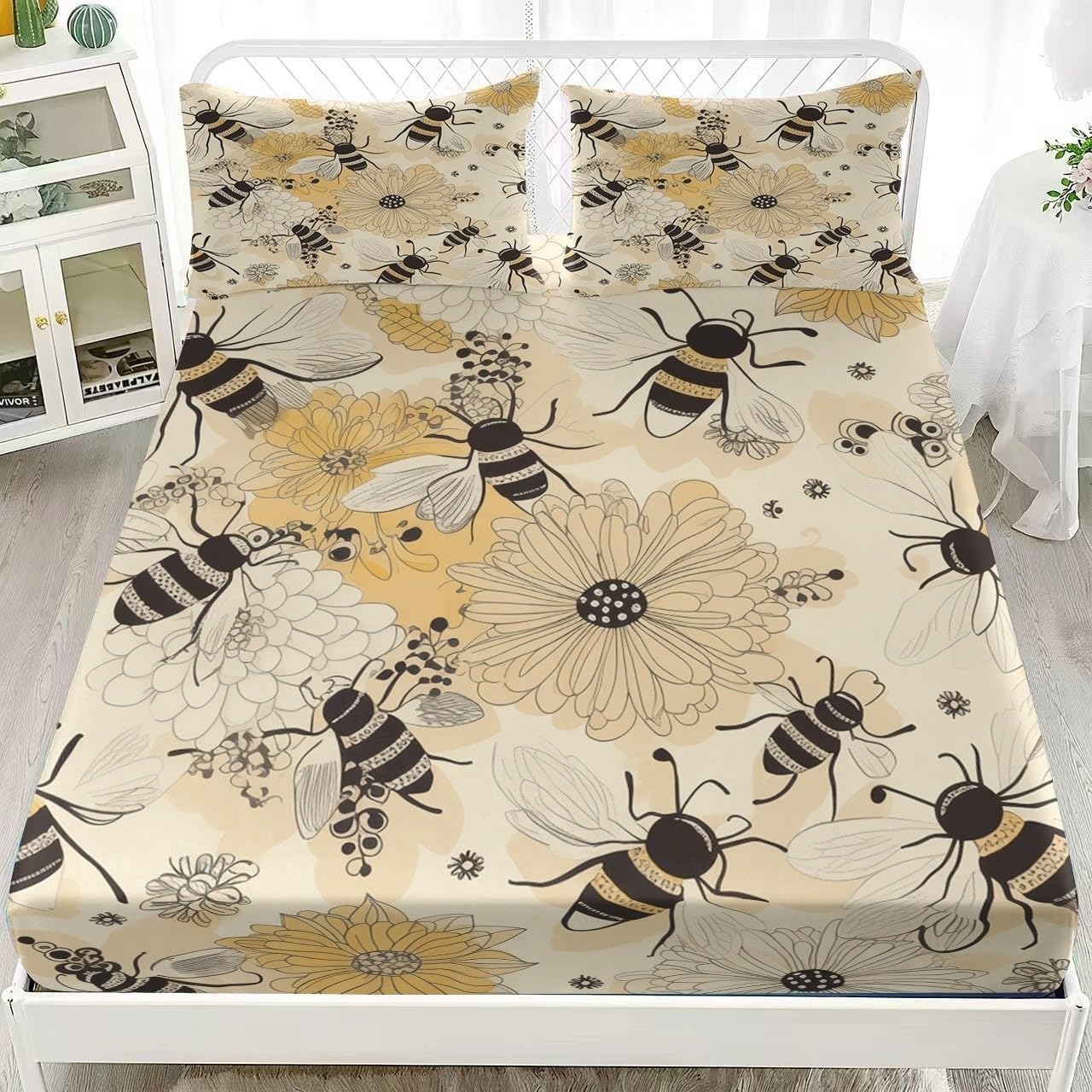 Bsyyzqc Boys Bee Double Fitted Sheet Flowers Bed Sheets Deep Pocket 12 Inch (30 Cm) Soft Cozy 3 Piece Microfibre Bed Sheet 135X190 Cm With 2 Pillowcases 50X75 Cm