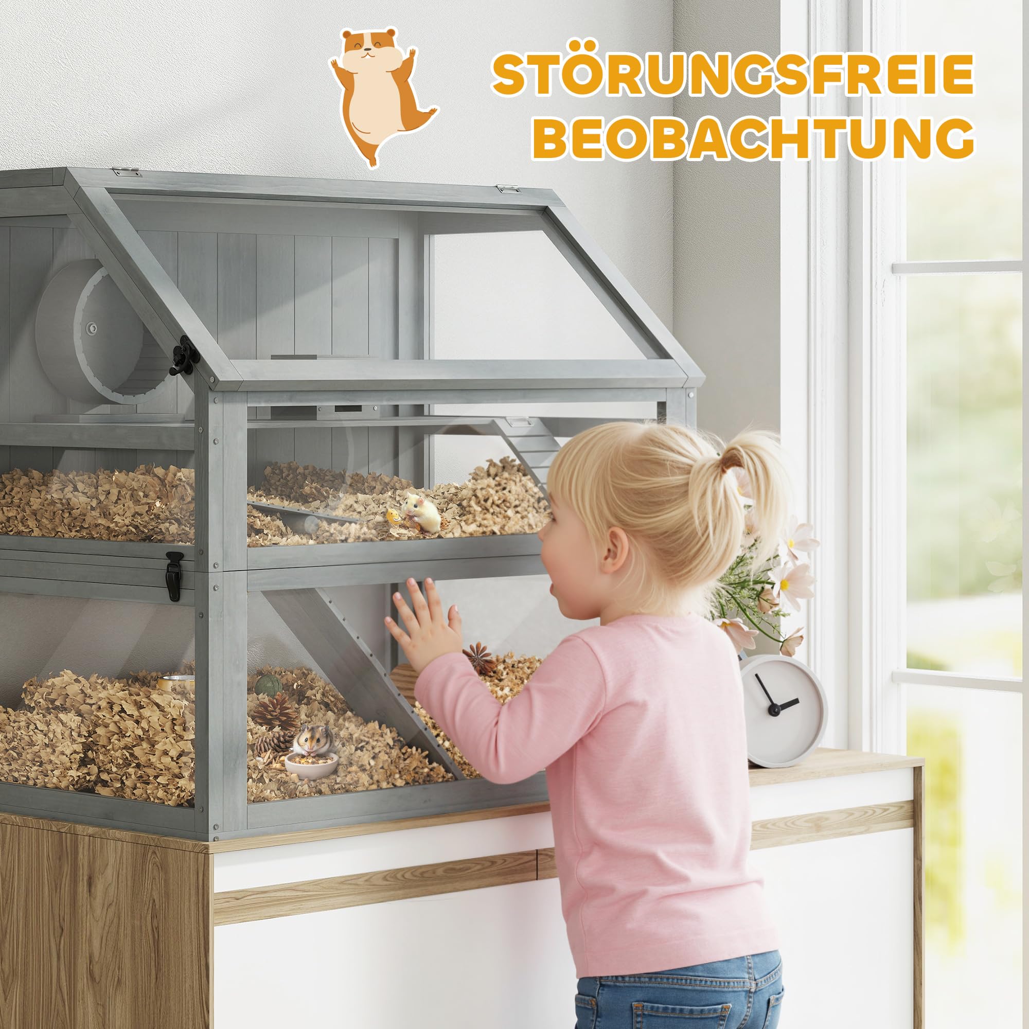 PawHut Hamsterkäfig aus Holz 3 Etagen 80 x 50 x 76 cm Nagerkäfig Kleintierkäfig mit Wippe Laufrad Hütte tiefem Untergeschoss Mäusekäfig für Zwerghamster Hellgrau