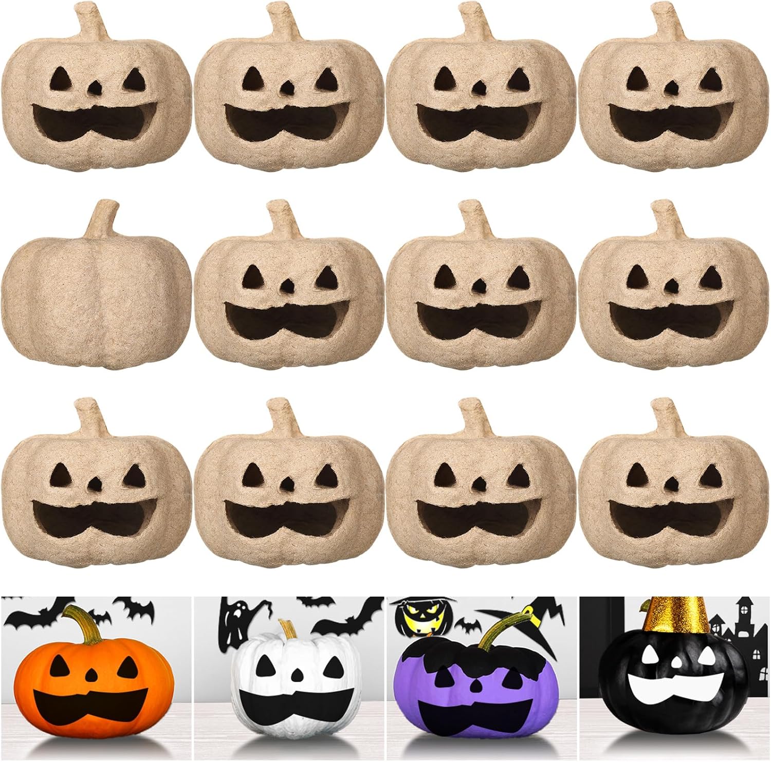 Watersay 12 Pcs Small Paper Mache Pumpkins Bulk Halloween Carved Face Pumpkins to Paint Decorating Unfinished Craft Pumpkins Halloween DIY Craft Projects for Fall Thanksgiving Party Decorations