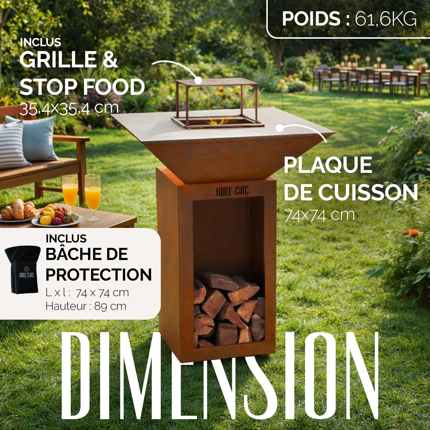 GRILL'CHIC - Pack Privilège Brasero Cévenol Corten Bois Carré - Simple Cuve - Avec Bâche + Grille + Stop Food Inclus - À Assembler - Fabriqué en France - 74 L x 74 P x 89 H cm