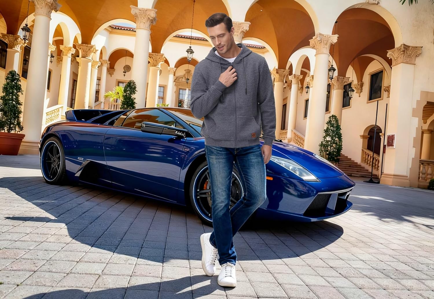 Satankud Men's Jacquard PlaidCloth Lightweight Zipper Hoodie Sweatshirt Jacket - Image 3