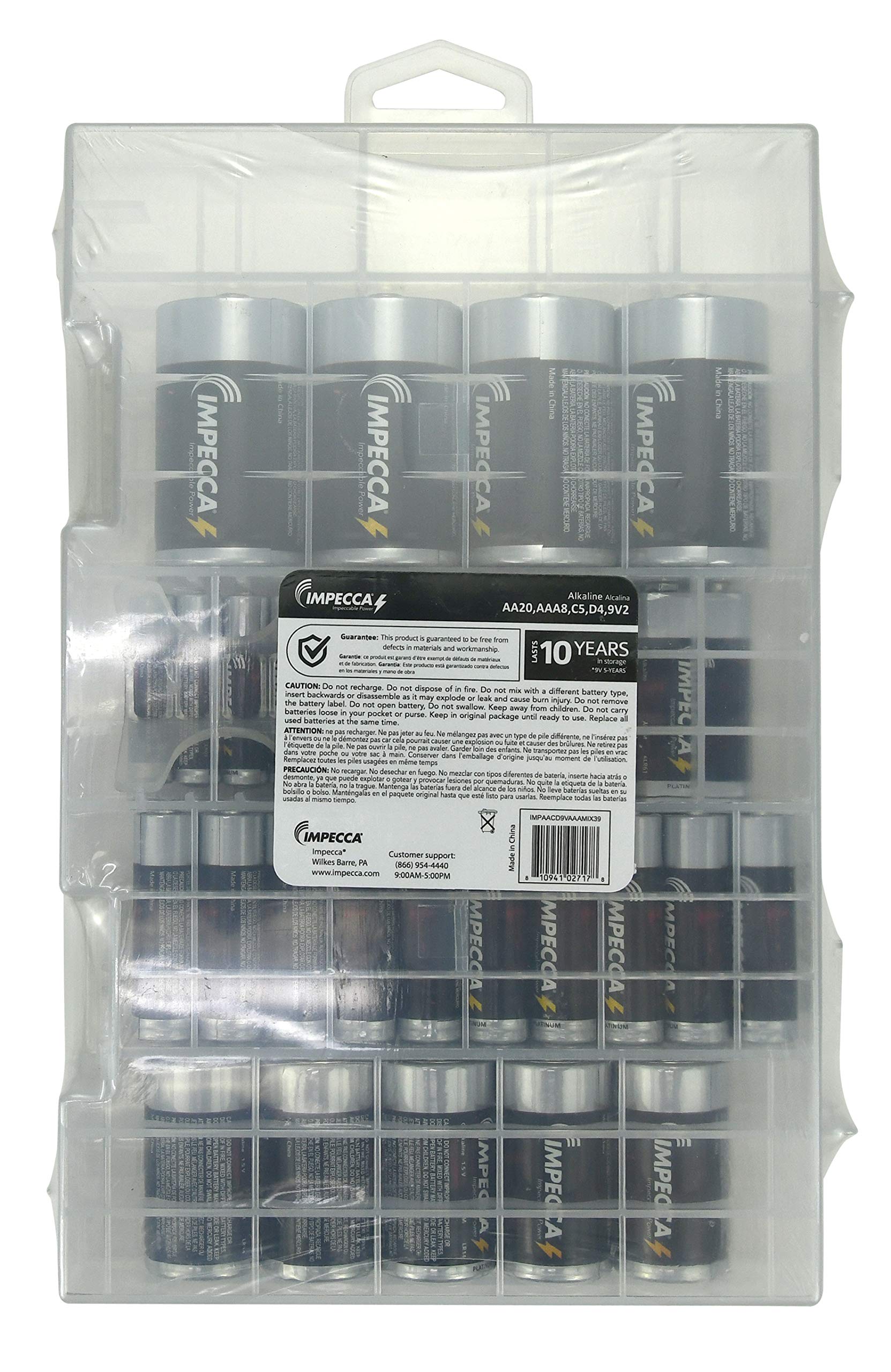 Pilas alcalinas AA-20 AAA-8 C-5 D-5 9 Volt-2 Maximum Power 10-Year Shelf Life Long Lasting Batteries Combo Pack with Battery Storage Box Organizer, 39 Batteries Variety Pack