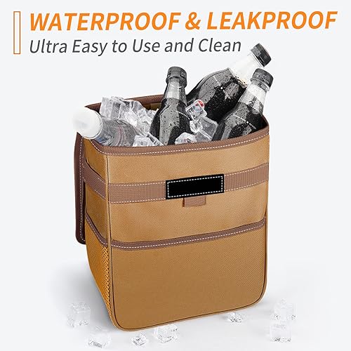 Miniatura 4 de HOTOR Bote de basura de auto con tapa bolsa de basura marrón para colgar con bolsillos de almacenamiento 100 a prueba de fugas con correas