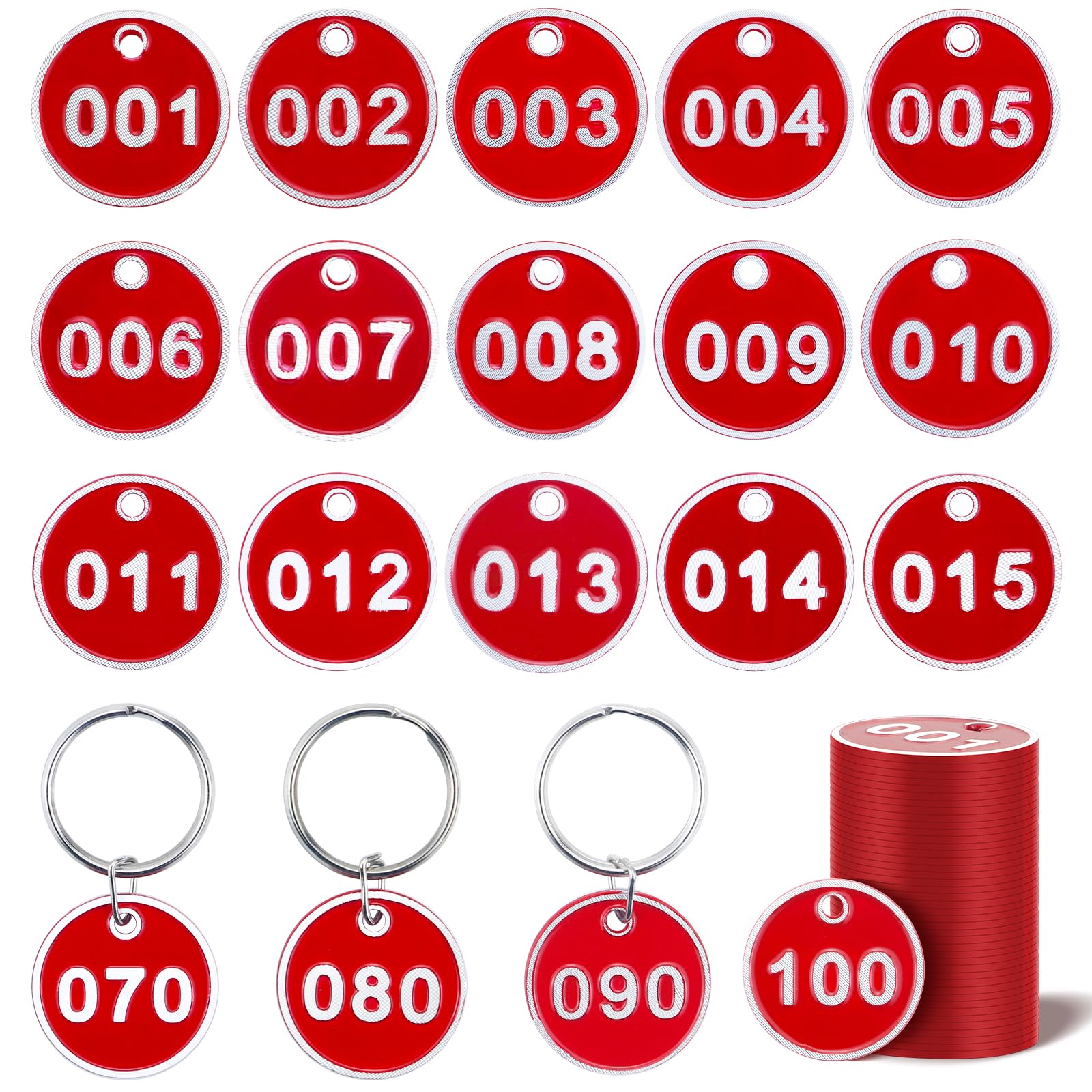 1-100 Numbered Key Tags, Round Metal Tags, Key Chain Labels, Key Tags for Home, Office and Garage, Dorm Keys, House Lockers (Red)