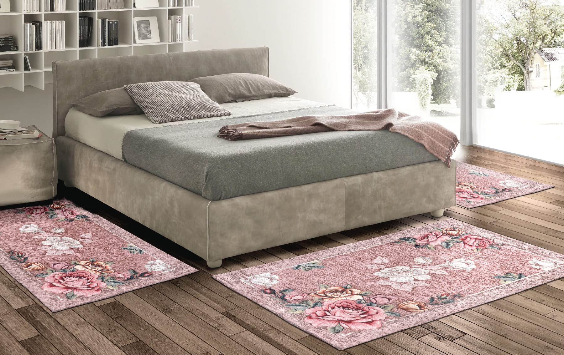 Tris Tappeto Camera scendiletto Stile Classico Shabby Alisia Rose Rosa Made in Italy