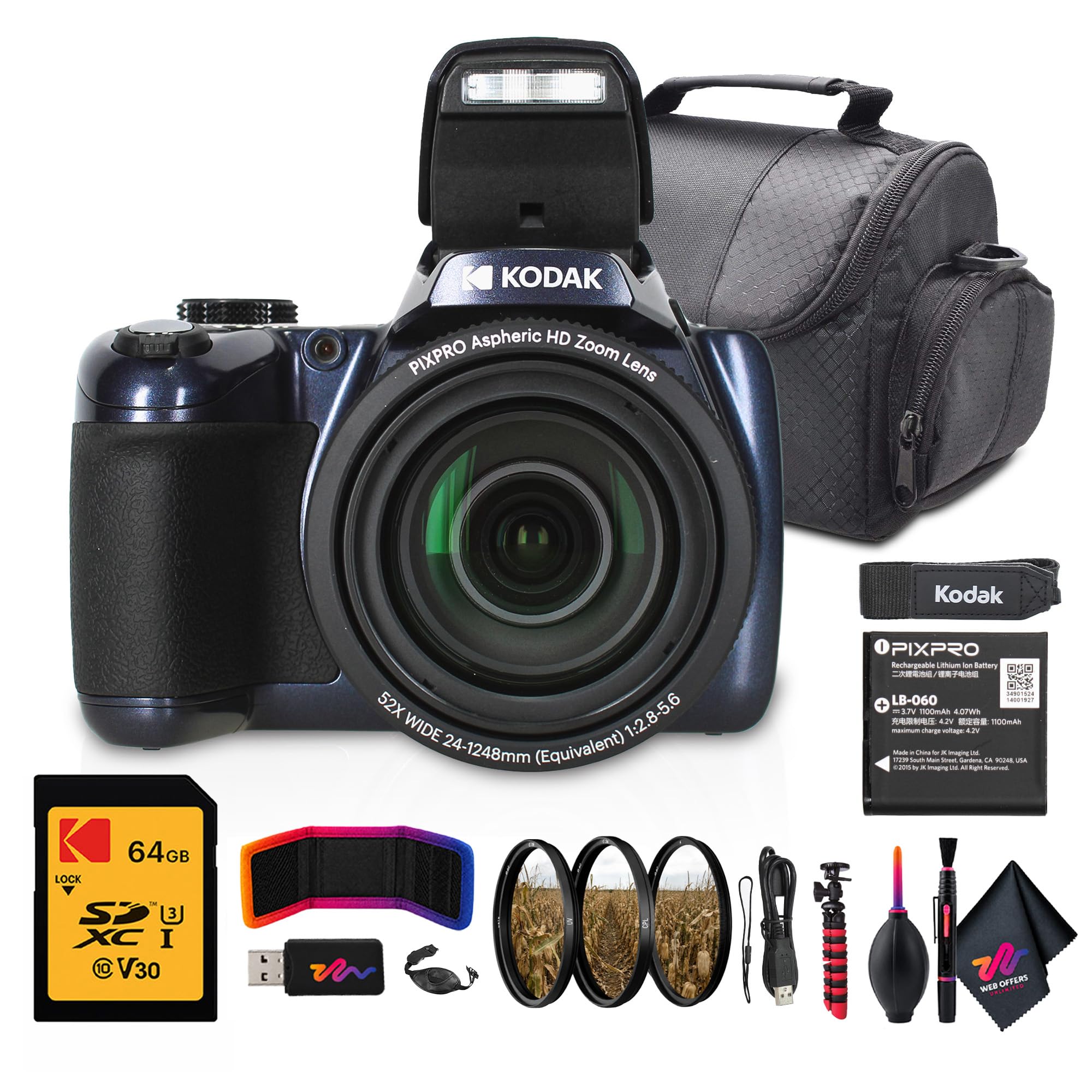 kodak pixpro az528 digital camera (blue) | 16mp sensor, 52x optical zoom, 24mm wide-angle lens, optical is & wi-fi connectivity | great for travel & family photos (az528mb) + 32gb card + bag + cloth