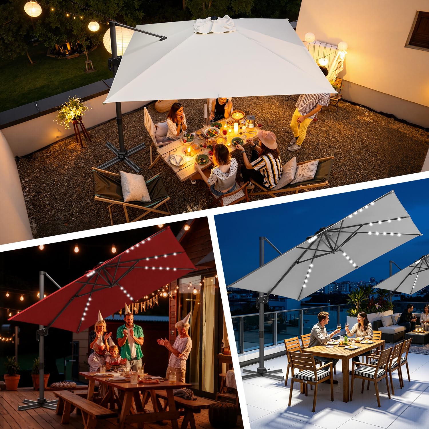 300 x 300 cm Sonnenschirm Ampelschirm Groß Solar LED, Gartenschirm mit Kurbel, 360° drehbar und kippbar, UV50+ Terrassenschirm mit Aluminiumgestell für Garten Terrasse