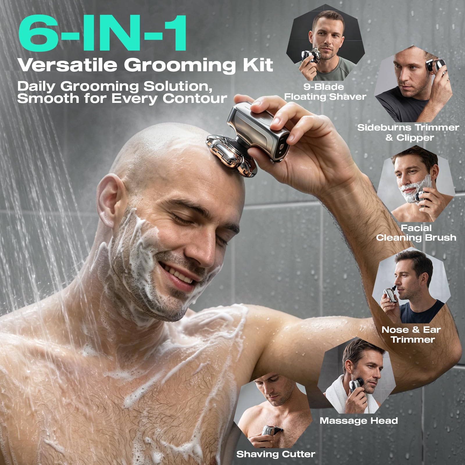 Waking Forest 6-in-1 9D Skull Shaver for Men, Waterproof Grooming Kit