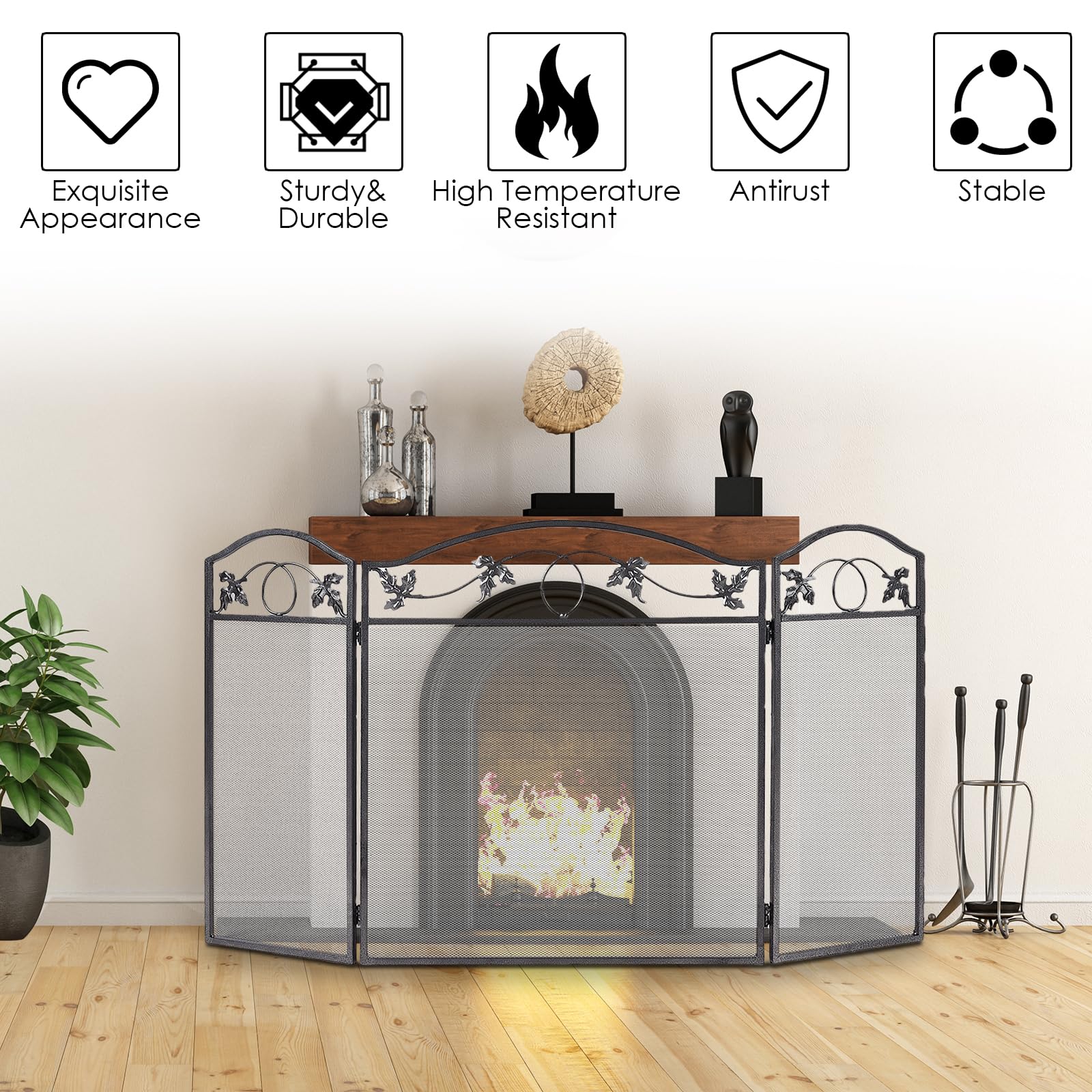LIFEZEAL Pare-Soleil pour Cheminée Pliable, Pare Feu Cheminée, Grille de Protection à 3 Panneaux en Métal, Filet Décoratif, 127 x 2 x 74 Cm, Noir