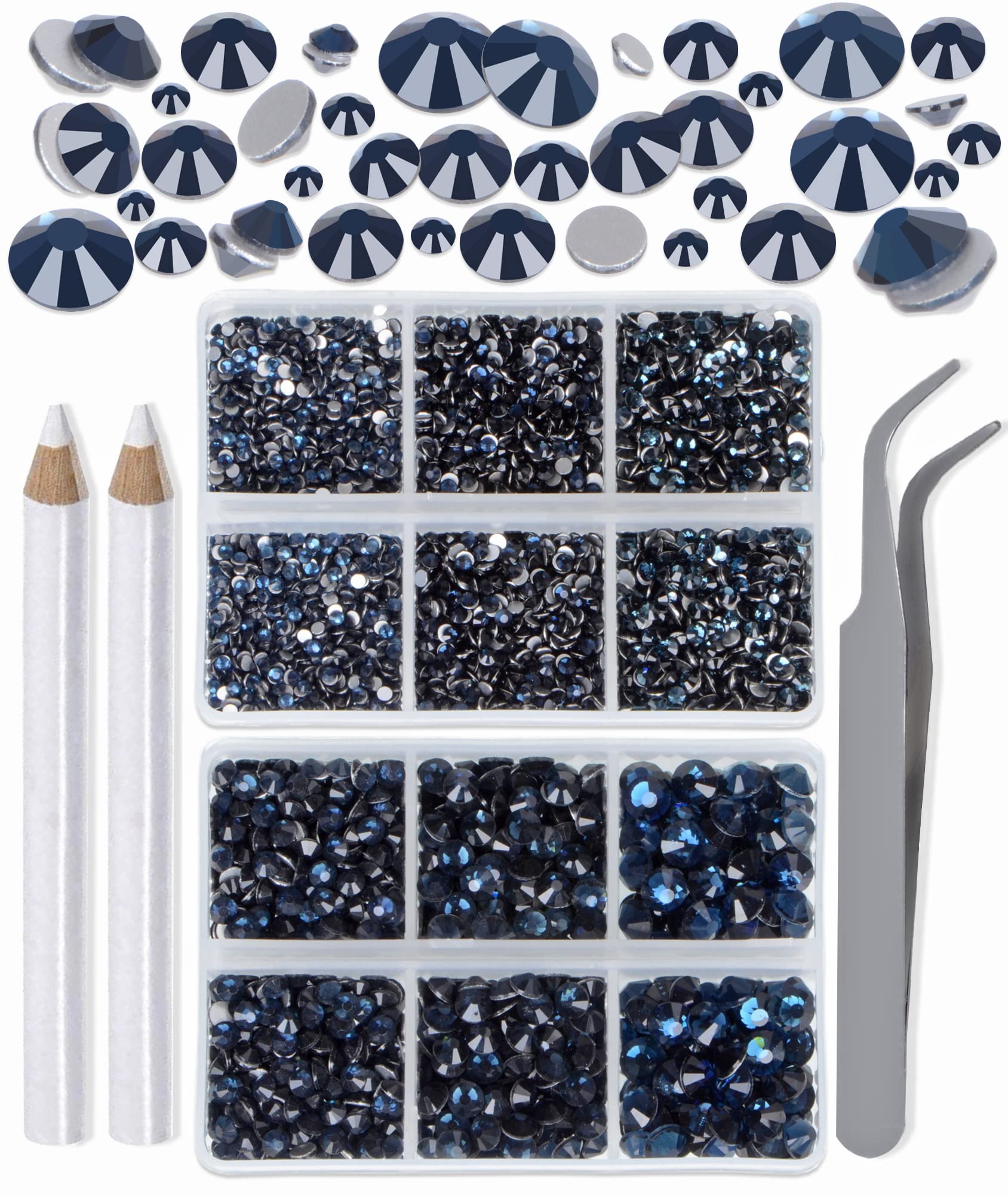 LPBeads 6000 Pieces Montana Non Hotfix Rhinestones 6 Sizes Round Crystal Glass Flat Back Rhinestones with Tweezers and Picking Pen for Nail Art Crafts