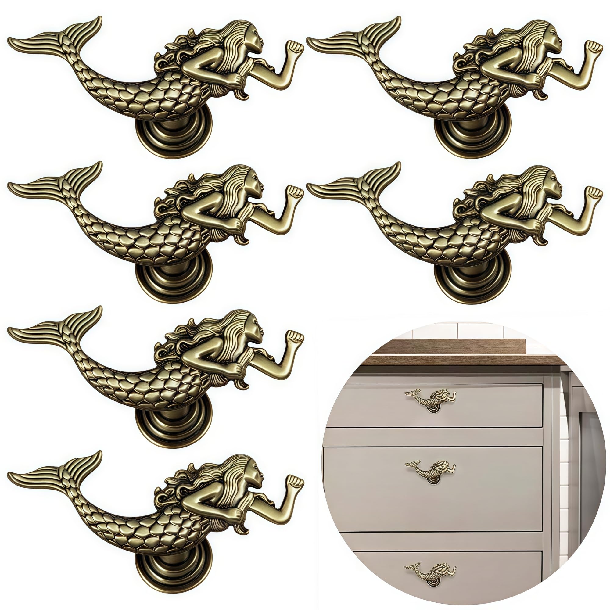 mermaid dresser handles Sraseenomy 6packs Vintage Mermaid Cabinet Pulls Zinc Alloy Handle Door Drawer  knob Dresser Closet Handle Kitchen Furniture
