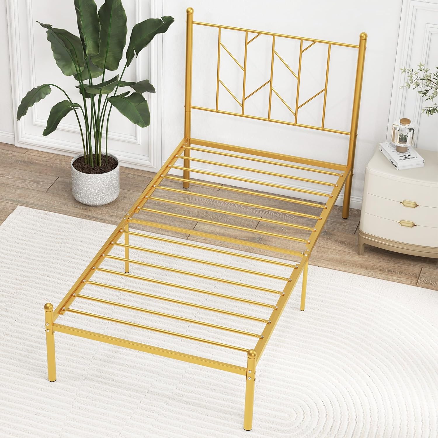 Giantex Twin Gold Metal Bed Frame with Victorian Style