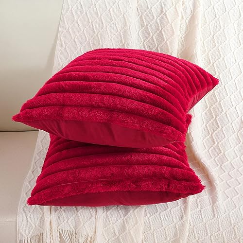 Miniatura 5 de Juego de 2 fundas de almohada decorativas con rayas de color burdeos o rojo vino, 16 x 16 pulgadas, cuadradas y primaverales, piel sintética de