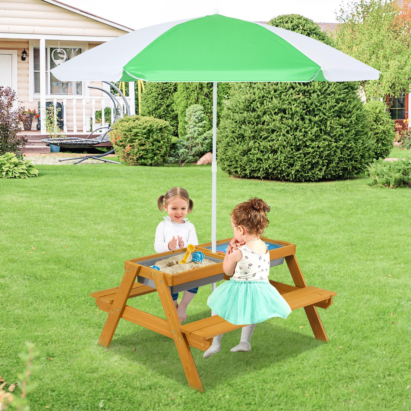GOPLUS Mesa Infantil 3 en 1 con Banco y Sombrilla, Mesa de Actividad de Madera para Exterior Jardín Verde+Blanco