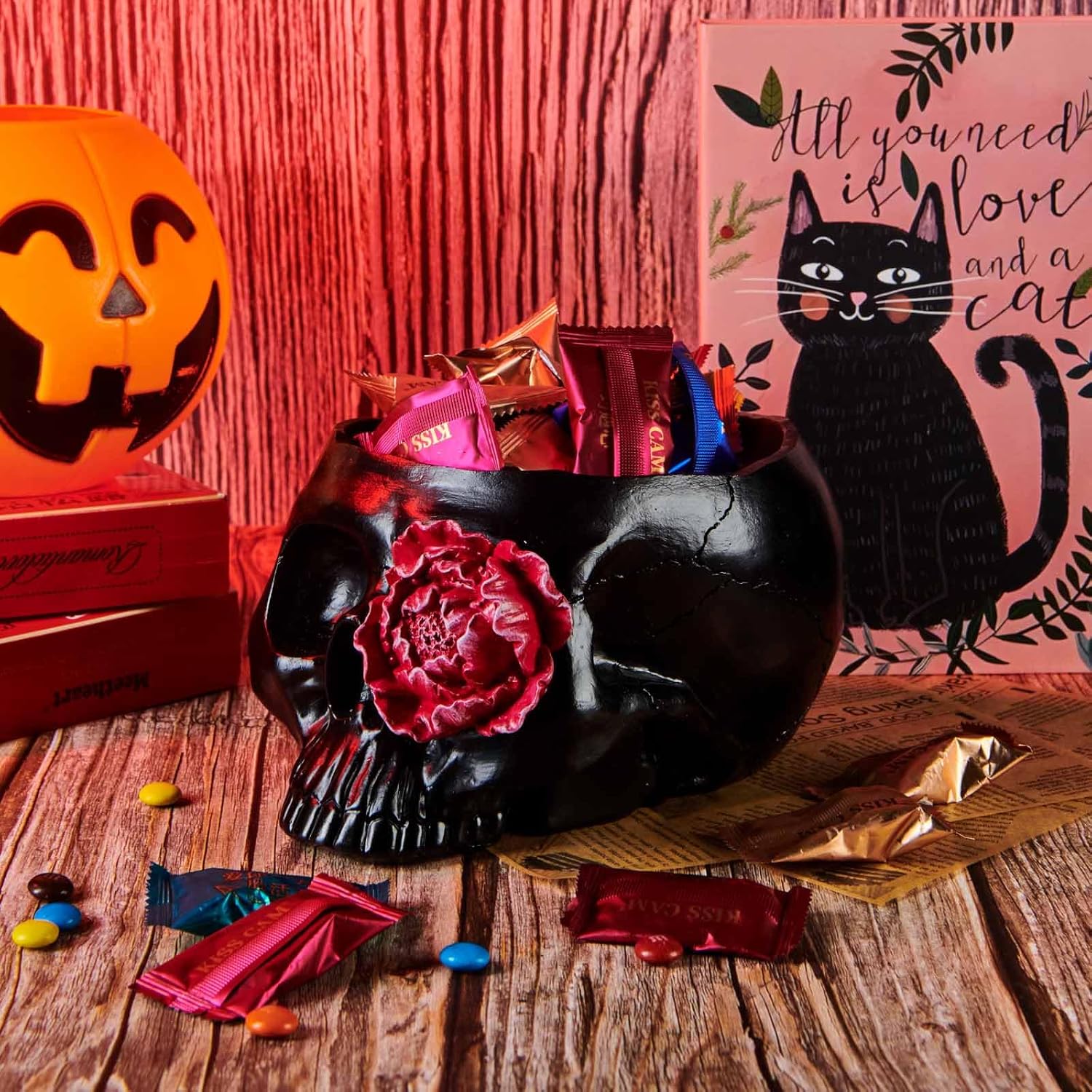 Skull-Planter Gothic Home-Decor - Black Room Decor Head Planter Skull Decor Flower Pot Succulent Pot with Drainage Halloween Candy Bowl (Plants or Candies are not Included)