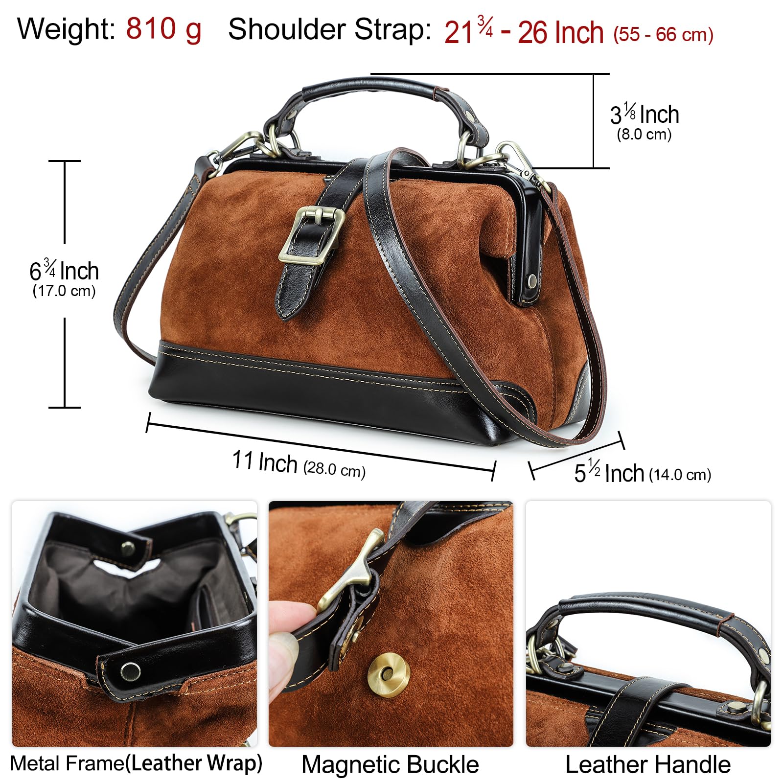 CONTACTS Bolso de mano con asa superior para mujer, de cuero de grano completo, bolso de mano, bolso de hombro, bolso de mano vintage con cierre de metal y apertura de marco