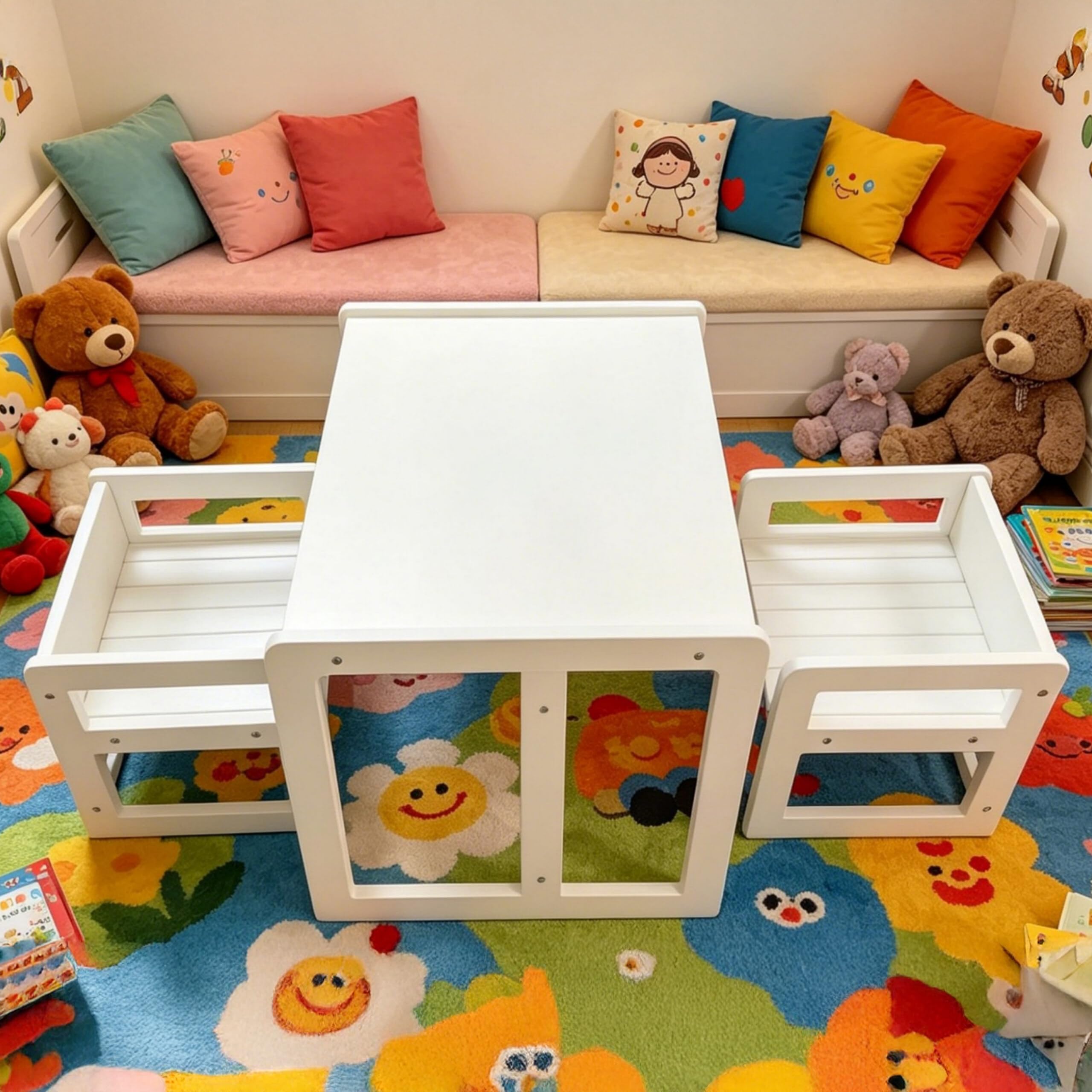 Relaxdays Conjunto Infantil 3 Piezas, 2 sillas, Mesa Convertible en Banco, 2 Alturas, Estilo Montessori, Color Blanco