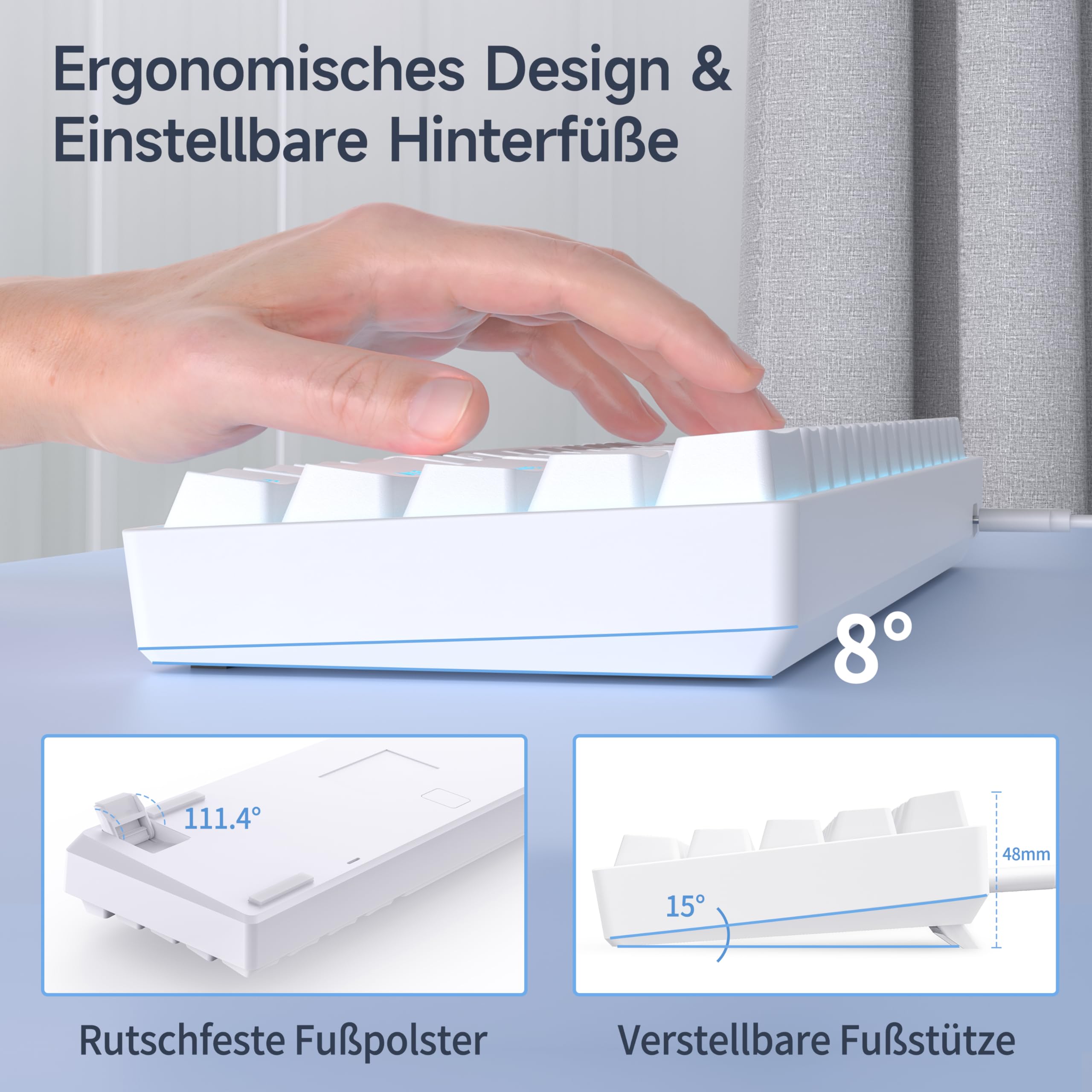 TMKB T61SE Gaming Mechanische Tastatur mit Deutsches QWERTZ Layout,Rote Schalter,weiße