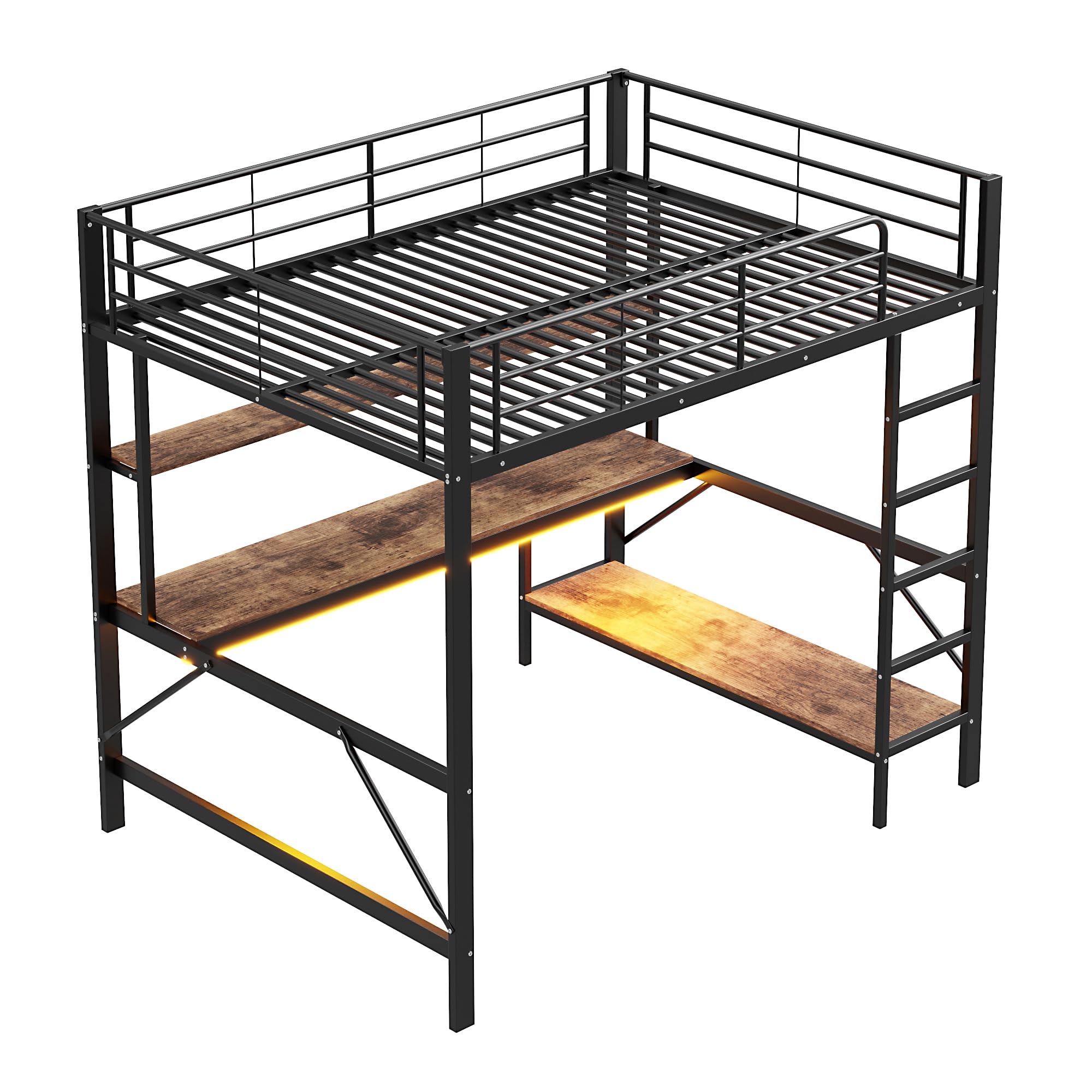 Letto a soppalco per bambini 140 x 200 cm,letto a castello matrimoniale 140x200 in metallo con prese USB e elettriche, con illuminazione a LED,scrivania,con sponde e scaletta,diversi ripiani,Nero