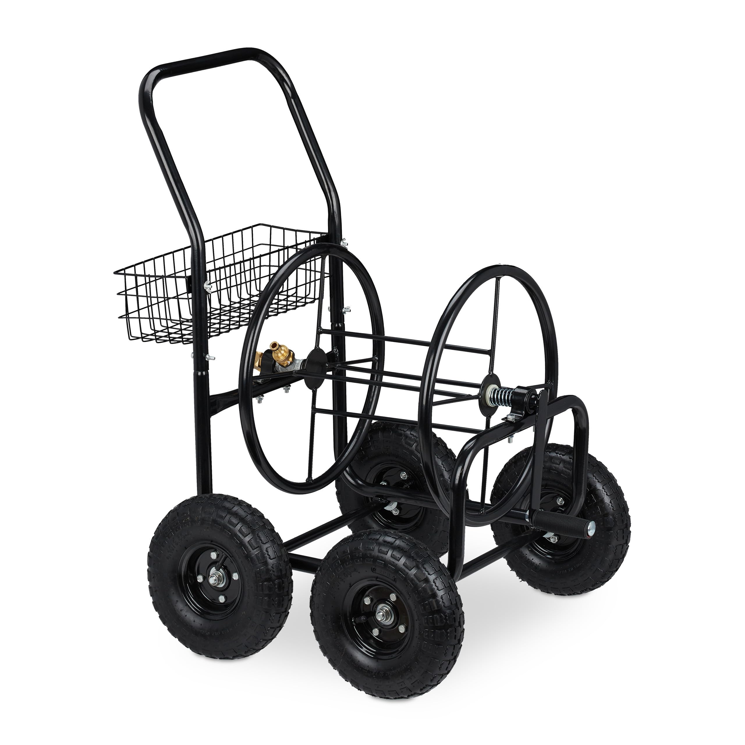 Relaxdays Schlauchwagen, bis 75 m, 4 Luftreifen, Klickkupplung, Schlauchtrommel Metall, Schlauchabroller Garten, schwarz