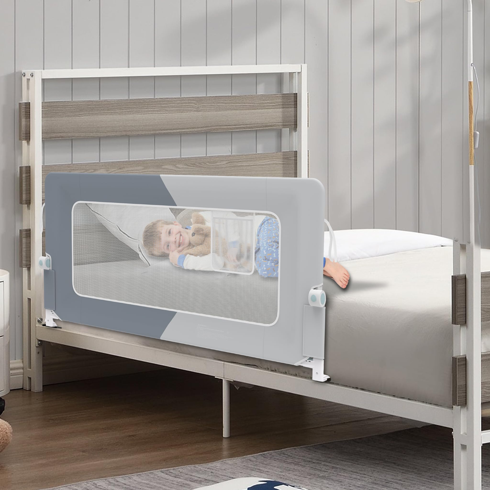Barrière de lit rabattable protection anti-chute pour enfant 150 cm Gris foncé Gris clair