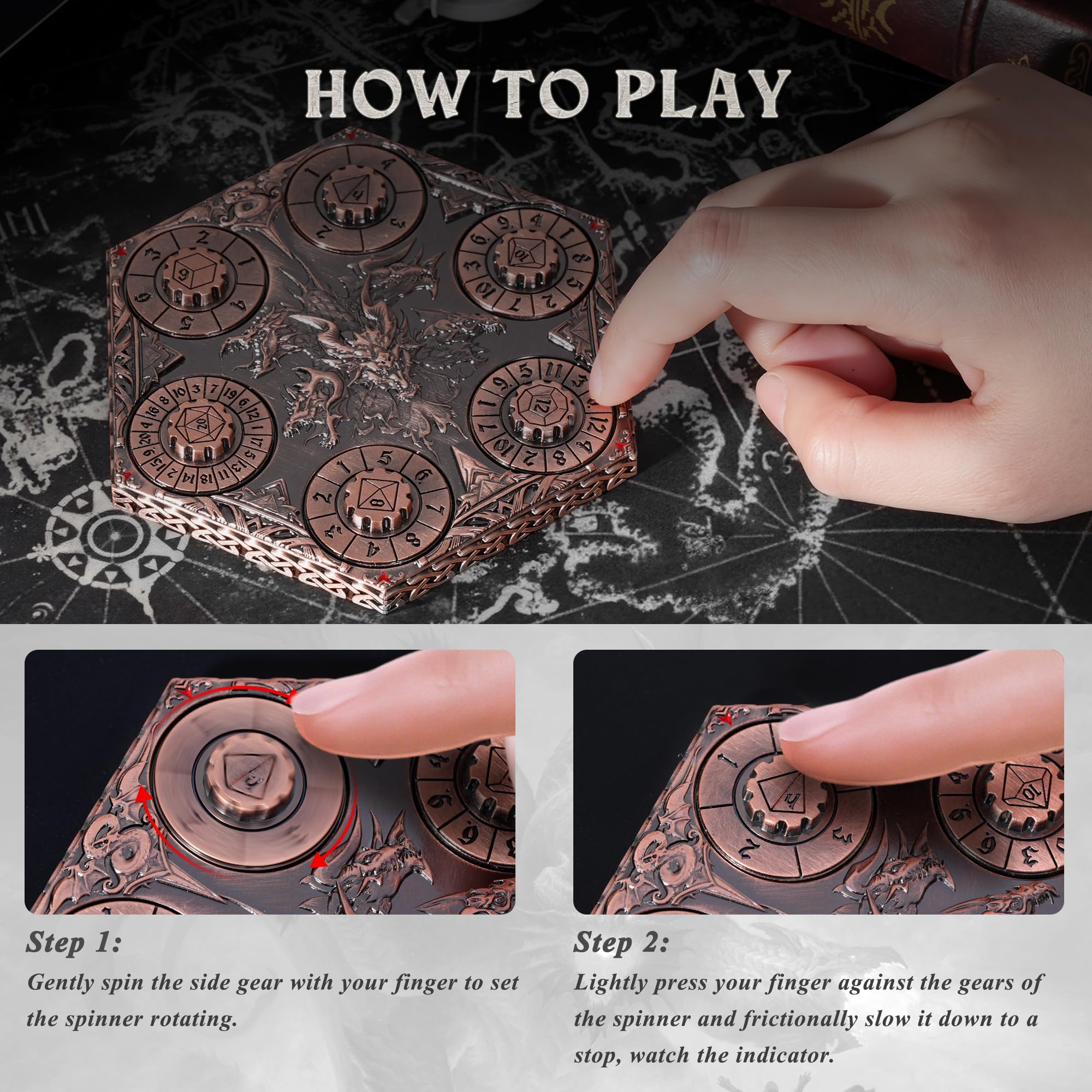 Kabinka DND - Juego de dados 7 en 1 de metal con esfera giratoria con bolsa de almacenamiento, dados portátiles de nudo celta D&D para juegos de mesa D4/D6/D8/D10/D12/D20 (cobre rojo)