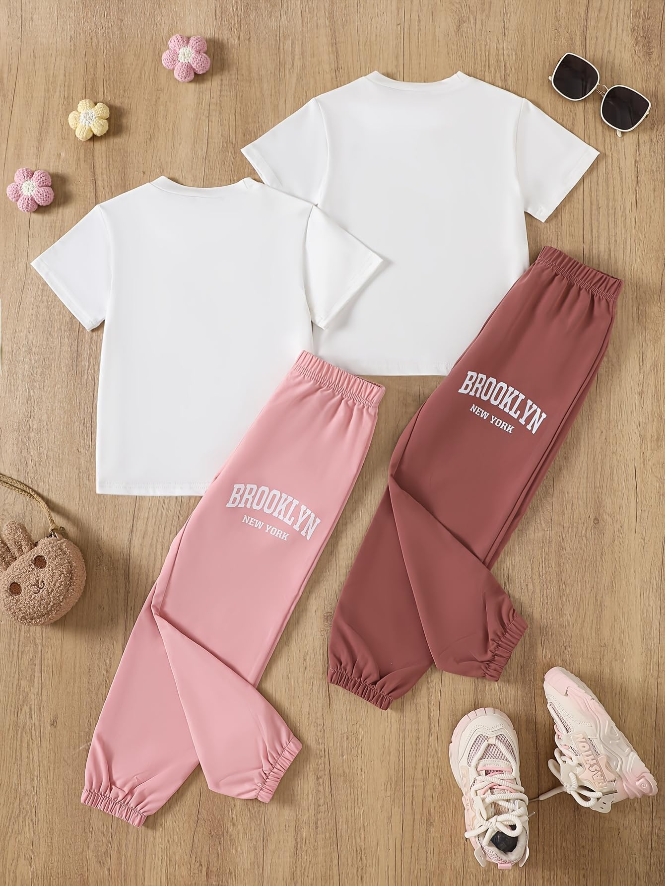 Conjunto de 4 piezas para niñas, camiseta estampada de manga corta y pantalones 4-12 años