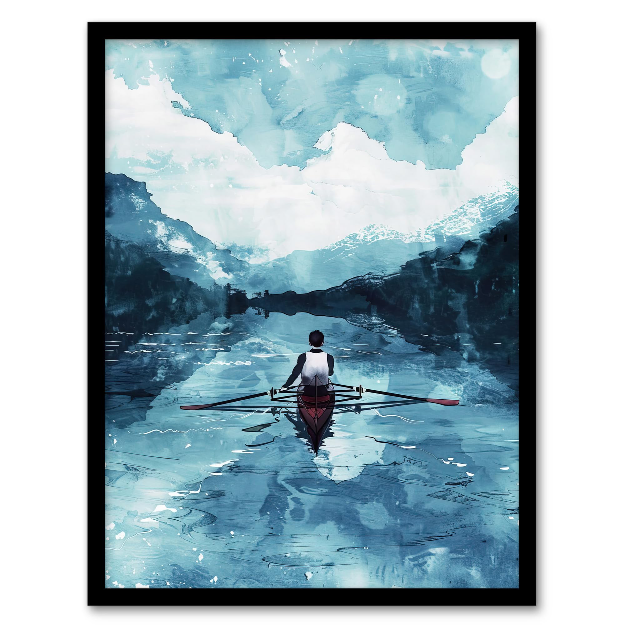 Artery8 Rowing Boat Blue Watercolour Coastal Landscape Living Room Artwork Framed Wall Art Print 18X24 Inch