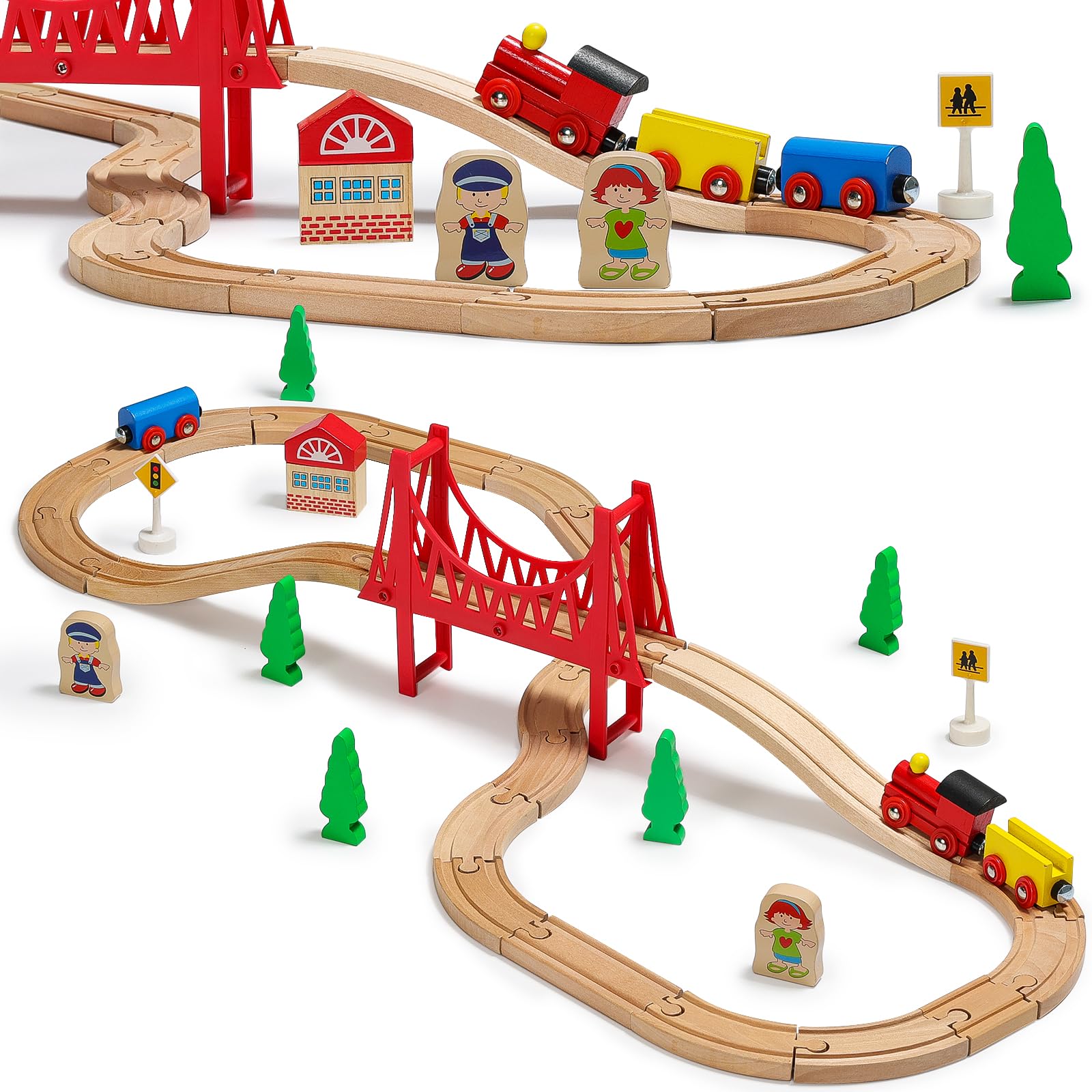 SainSmart Jr. Wooden Train Set for Toddler - Double-Side Wooden Tracks Fits Brio, Thomas, Melissa and Doug - Expandable, Changeable-Kids Wood Toy Train for 3,4,5 Year Old Boys and Girls