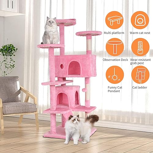 Vista 73 de BestPet Torre de árbol para gatos de 54 pulgadas Beige Resistente y fácil de montar, centro de actividades de varios niveles con postes