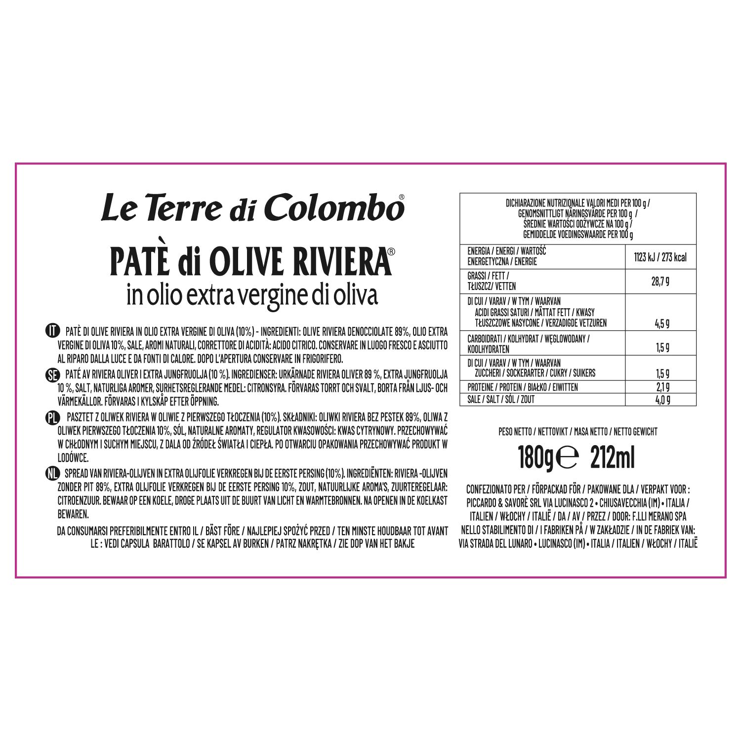 Le Terre di Colombo Pasta de Aceitunas, Riviera en Aceite de Oliva Virgen Extra 10 %, Tarros de 212 Ml Lote de 6