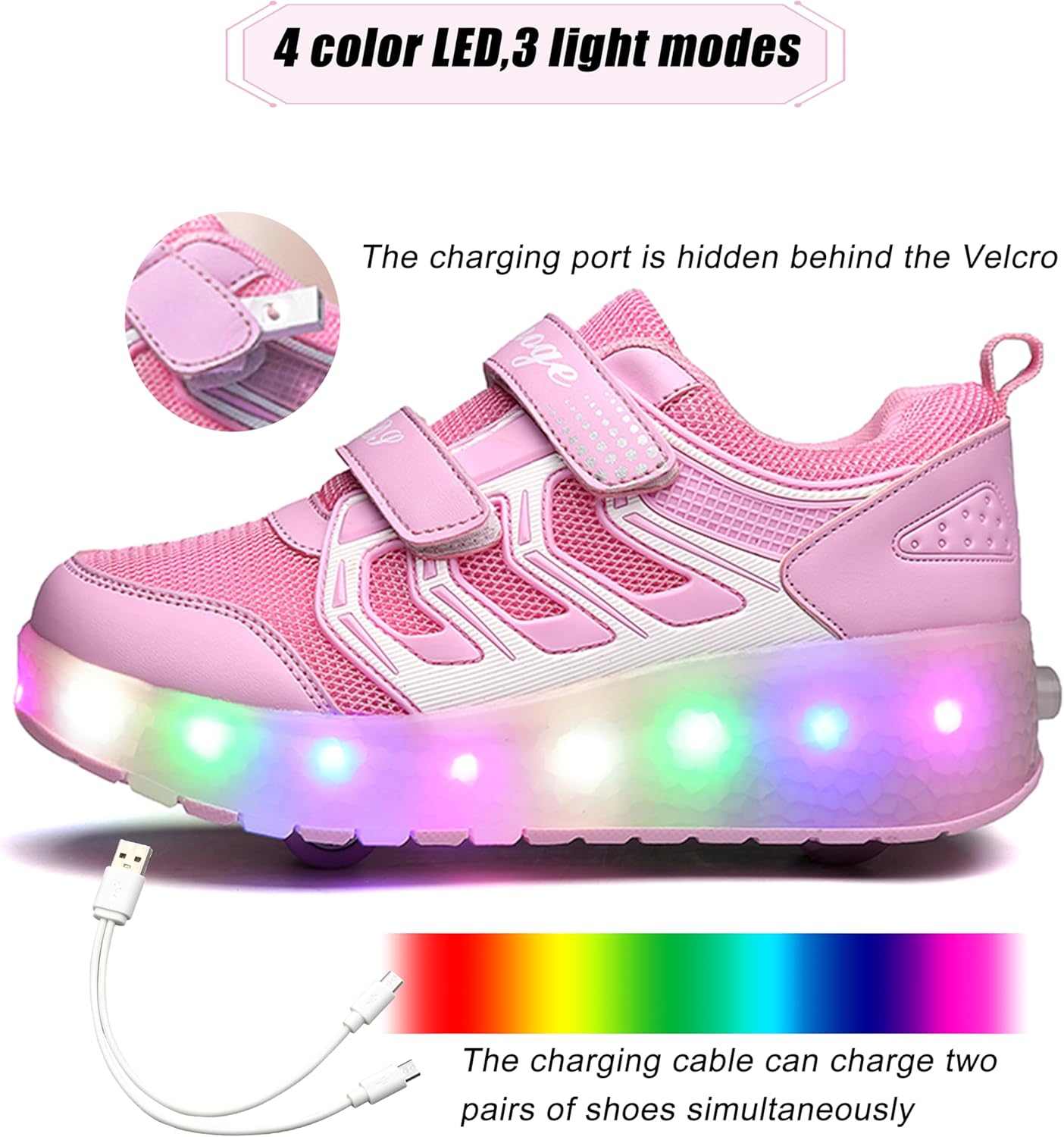 Aikuass USB Chargable LED Light Up Roller Shoes Wheeled Skate Sneaker Shoes for Boys Girls Kids - Image 2