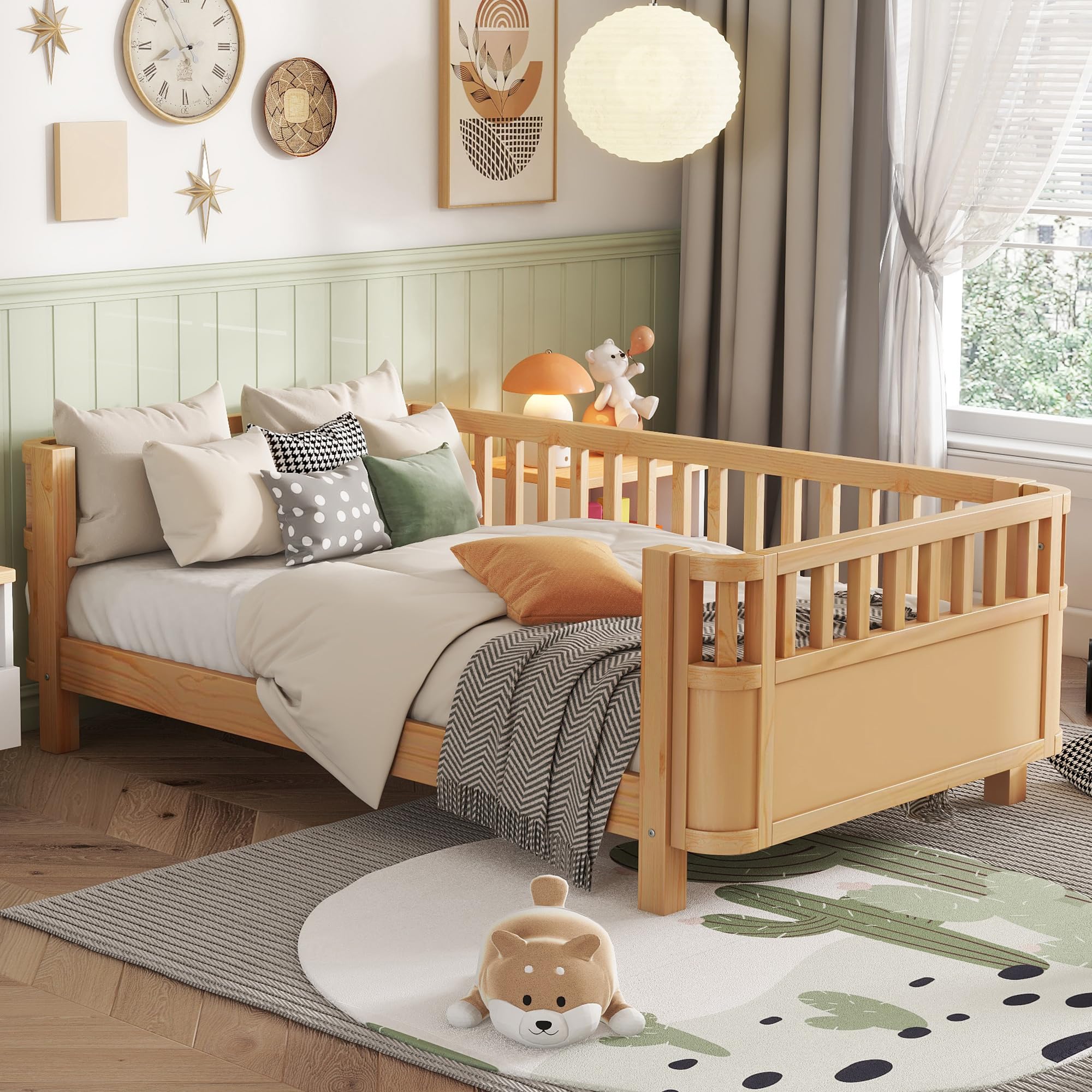 Twin Size Kids Bed Frame, Low Profile Montessori Twin Bed with Rails, Wood Daybed for Girls & Boys, No Spring Box Required, No Squeaks, Natural