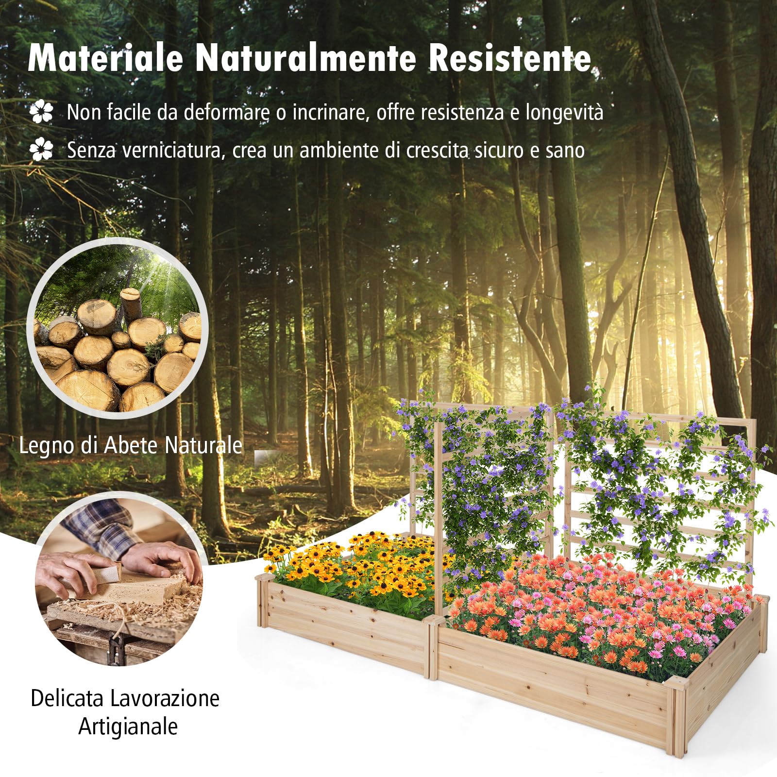COSTWAY Letto Rialzato da Giardino con 2 Cassoni per Piantare e 3 Tralicci, Aiuola Rialzata da Giardino in Legno per Fiori, Erbe, Verdure, Frutta e Viti Rampicanti, 222 cm x 114 cm x 110 cm (Naturale)