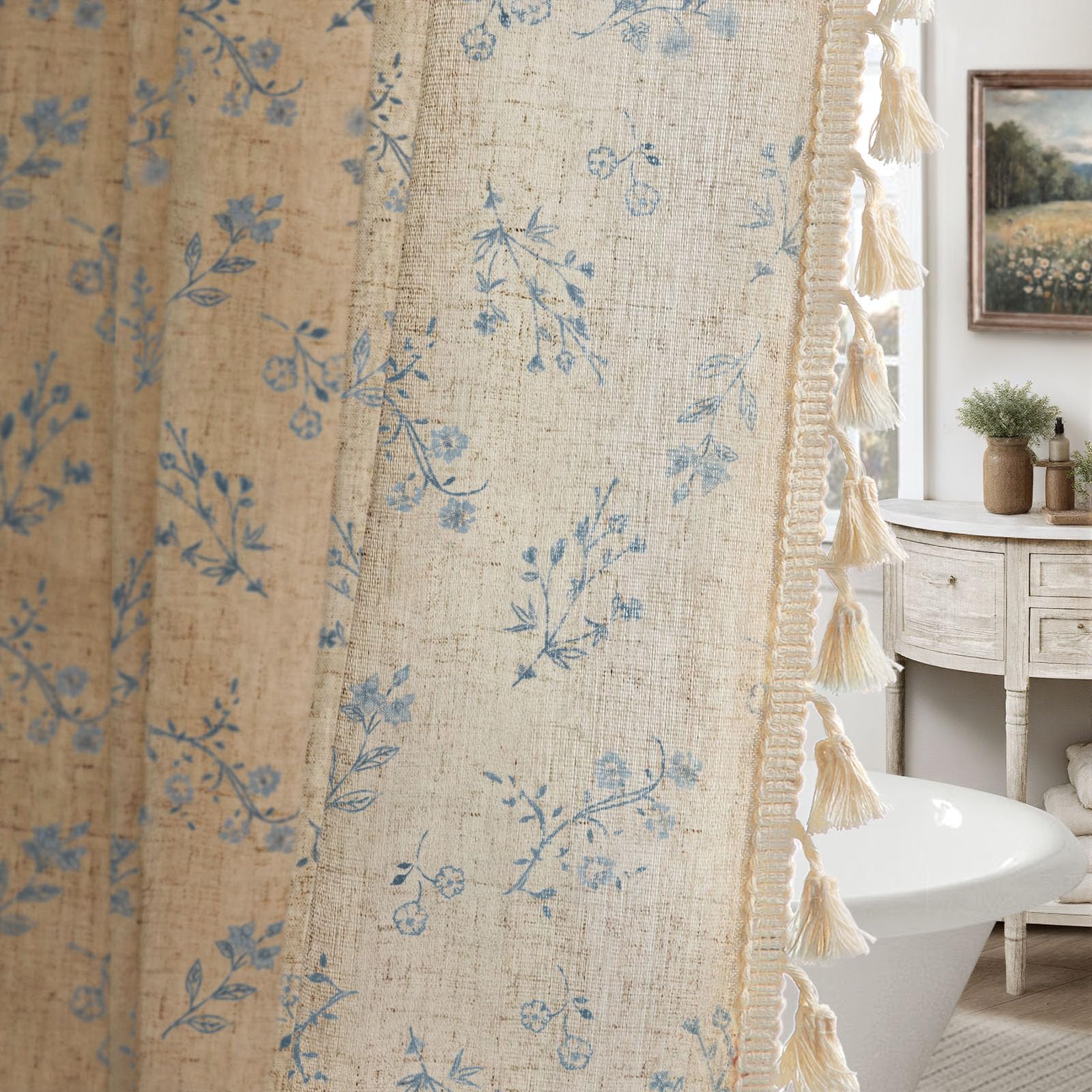 Blue Floral Farmhouse Vintage Linen Shower Curtain with Tassel 72Wx72H — image 1