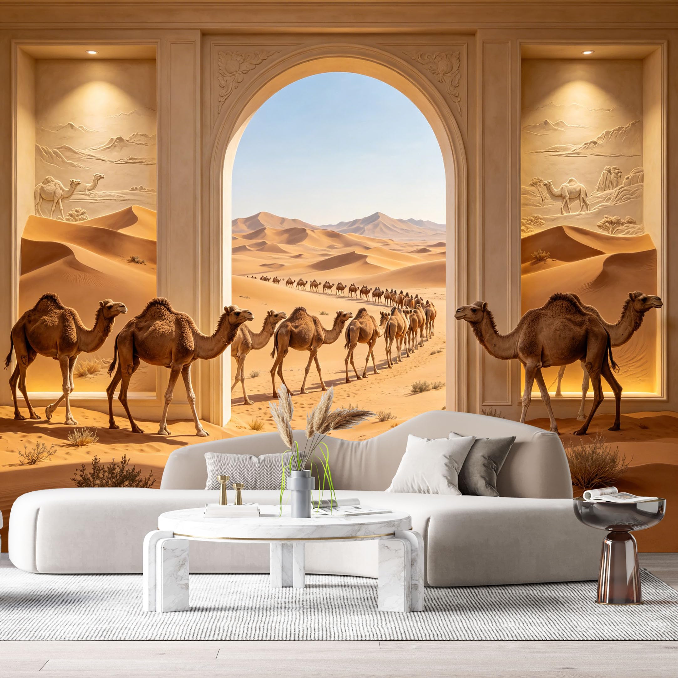 Custom Size Wall Murals Desert Camel Caravan Archway 3D Trompe L'Oeil SelfAdhesiveWall Fabric Removable Wallpaper Wall Decor for Living Room Bedroom Bathroom