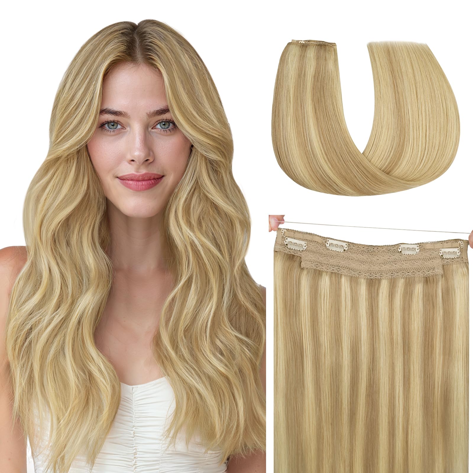 hotbanana Secret Hair Extensions Echthaar, 30cm 70g Remy Haarverlängerung mit Draht Invisible Secret Draht Extensions Echthaar Fish Line Haarverlängerungen Hellblond mit Strähnchen (Aschton)