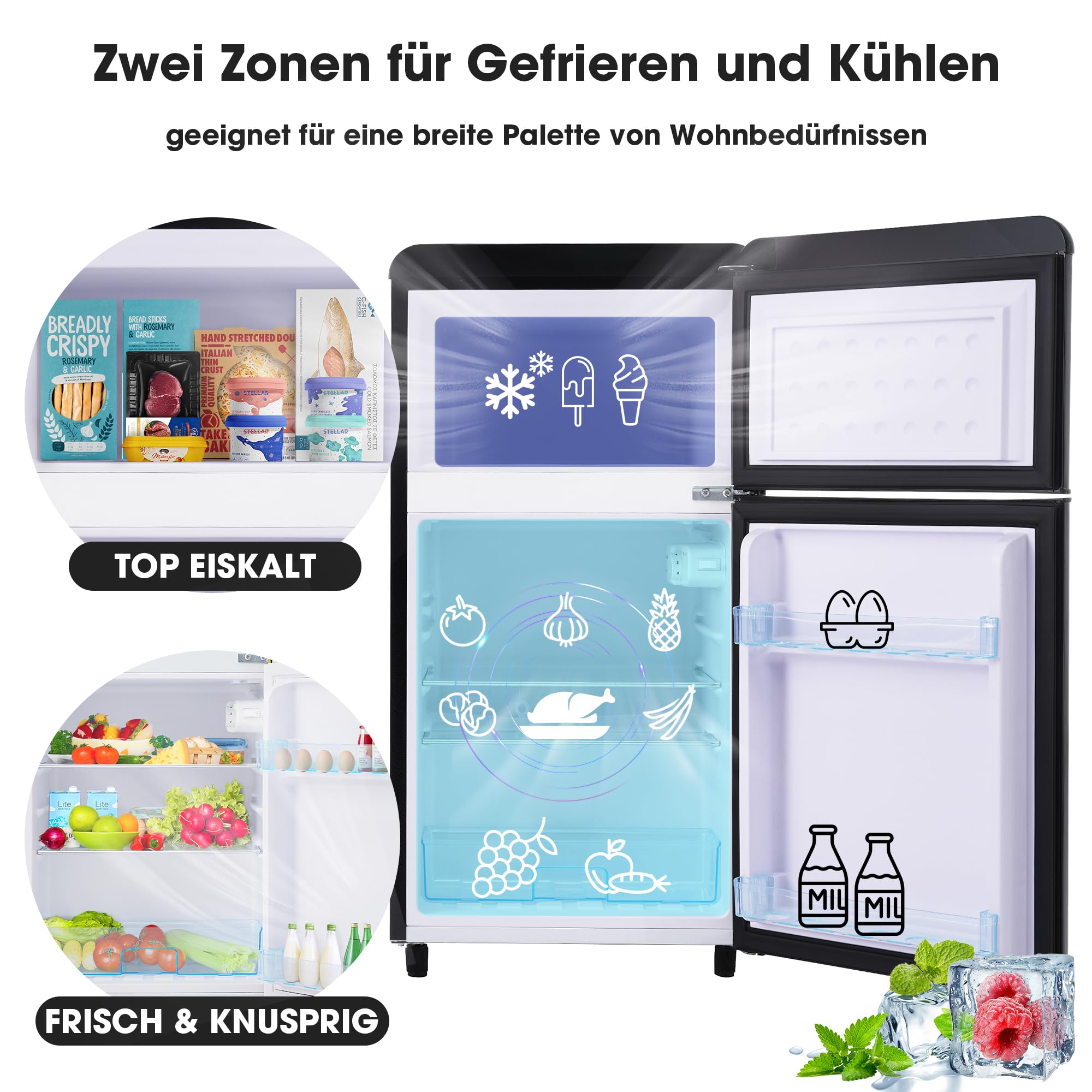 Lodówka w stylu retro górna/dolna kombinacja 72 l • klasa efektywności energetycznej E • cicha praca 39 dB • komora zamrażania 21 l • regulowane nóżki • wielokolorowa