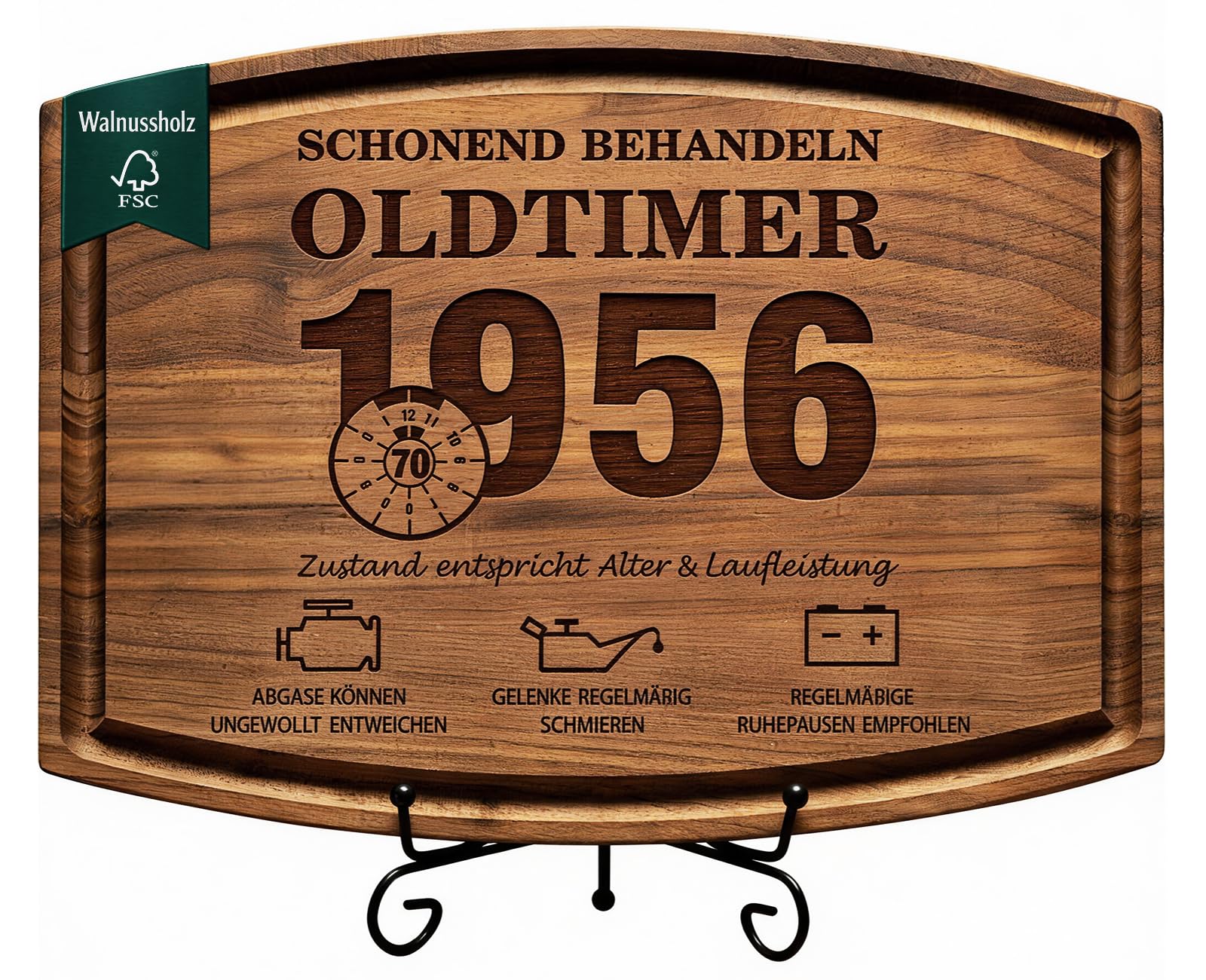 Giftota Geschenke zum 70. Geburtstag Mann - Schneidebrett aus Walnussholz mit Ständer Saftrille - Geburtstagsgeschenk für Papa Opa Ehemann Freund - Schonend Behandeln 1956 Oldtimer